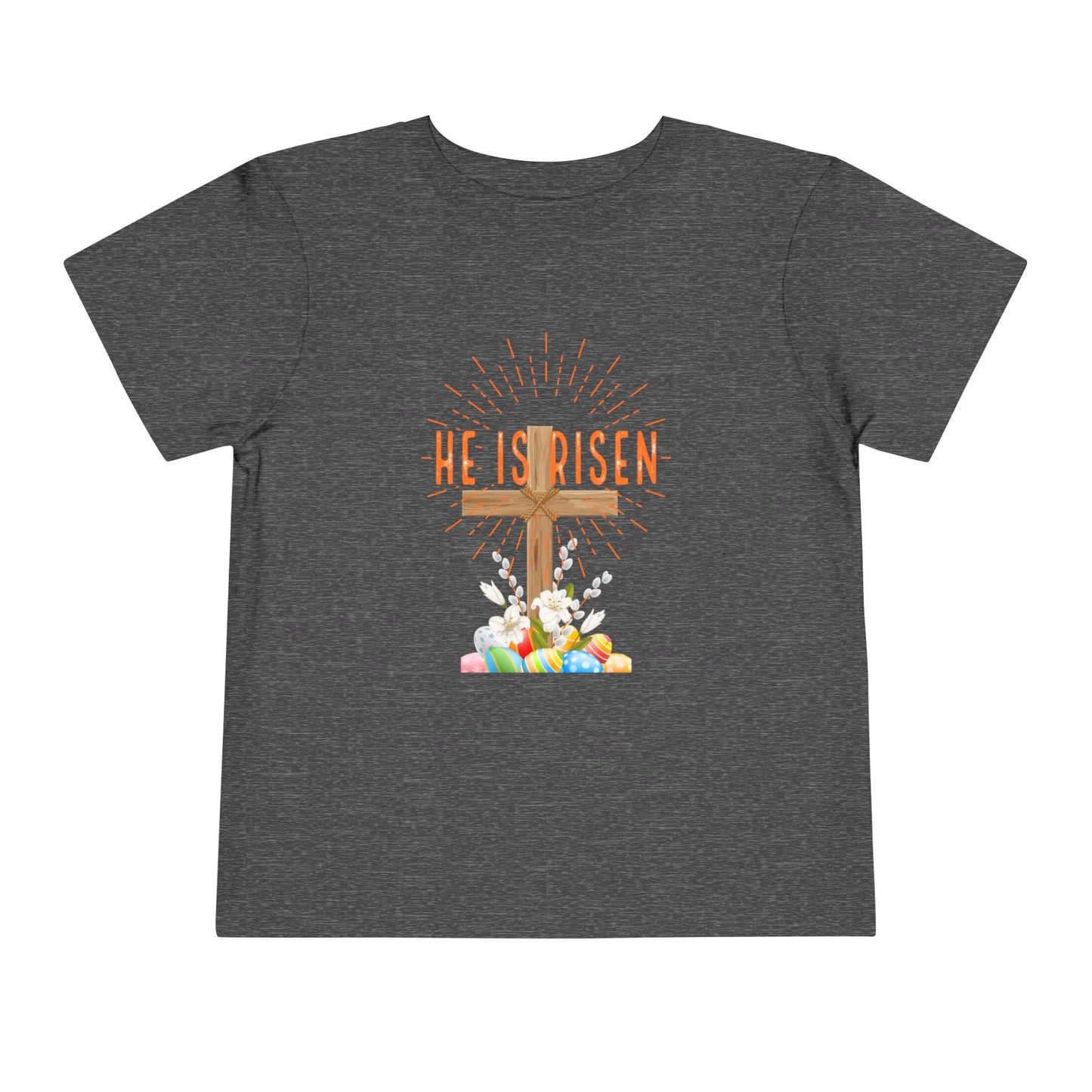 Soft toddler Easter tee with "He Is Risen" cross & pastel eggs. Perfect for church, egg hunts & family photos. Lightweight cotton for comfort & faith. Deep Heather