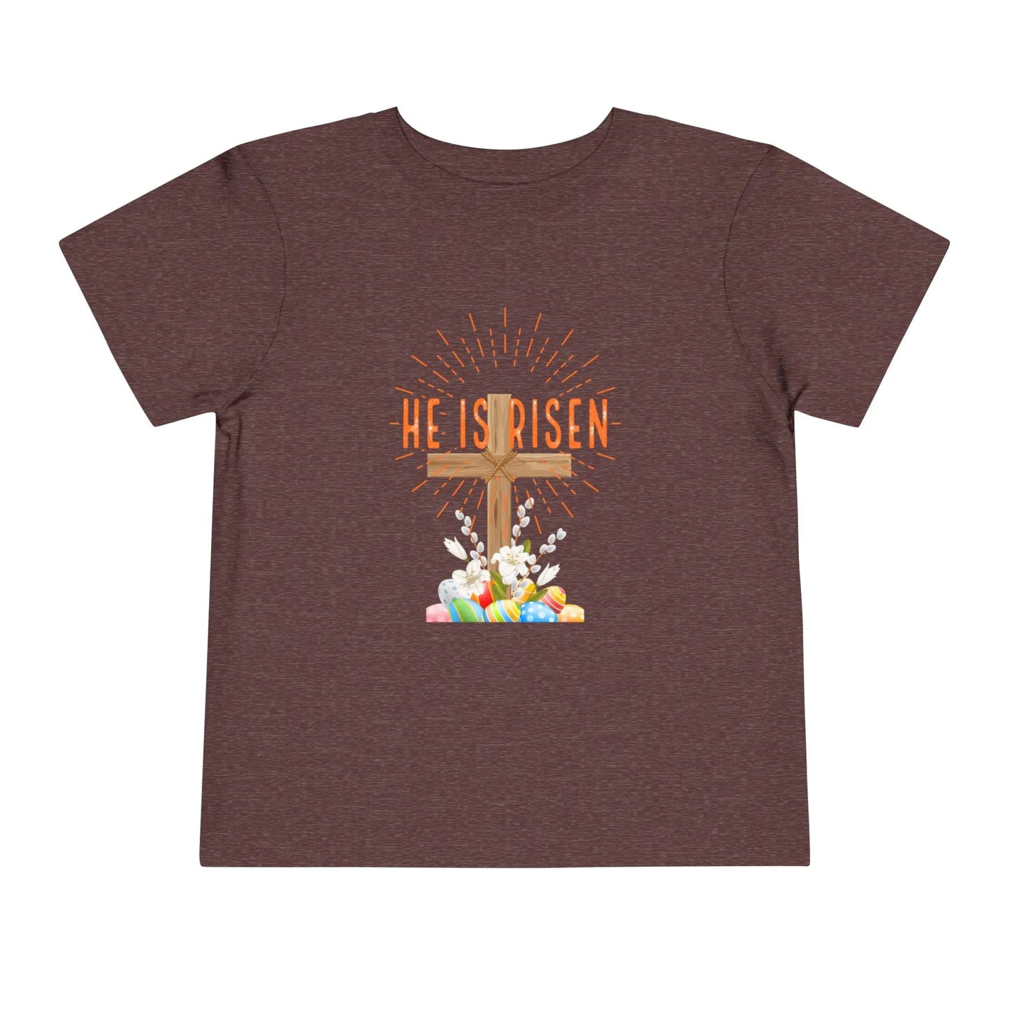 Soft toddler Easter tee with "He Is Risen" cross & pastel eggs. Perfect for church, egg hunts & family photos. Lightweight cotton for comfort & faith. Heather Maroon