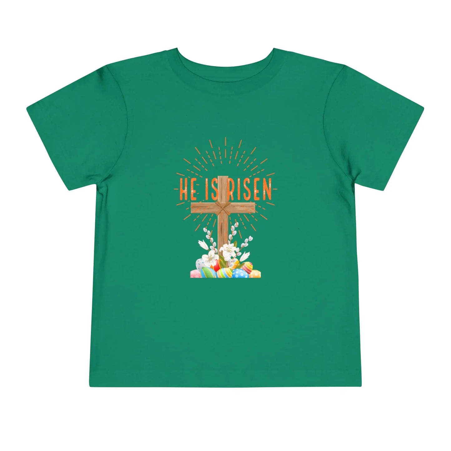 Soft toddler Easter tee with "He Is Risen" cross & pastel eggs. Perfect for church, egg hunts & family photos. Lightweight cotton for comfort & faith. Kelly Green