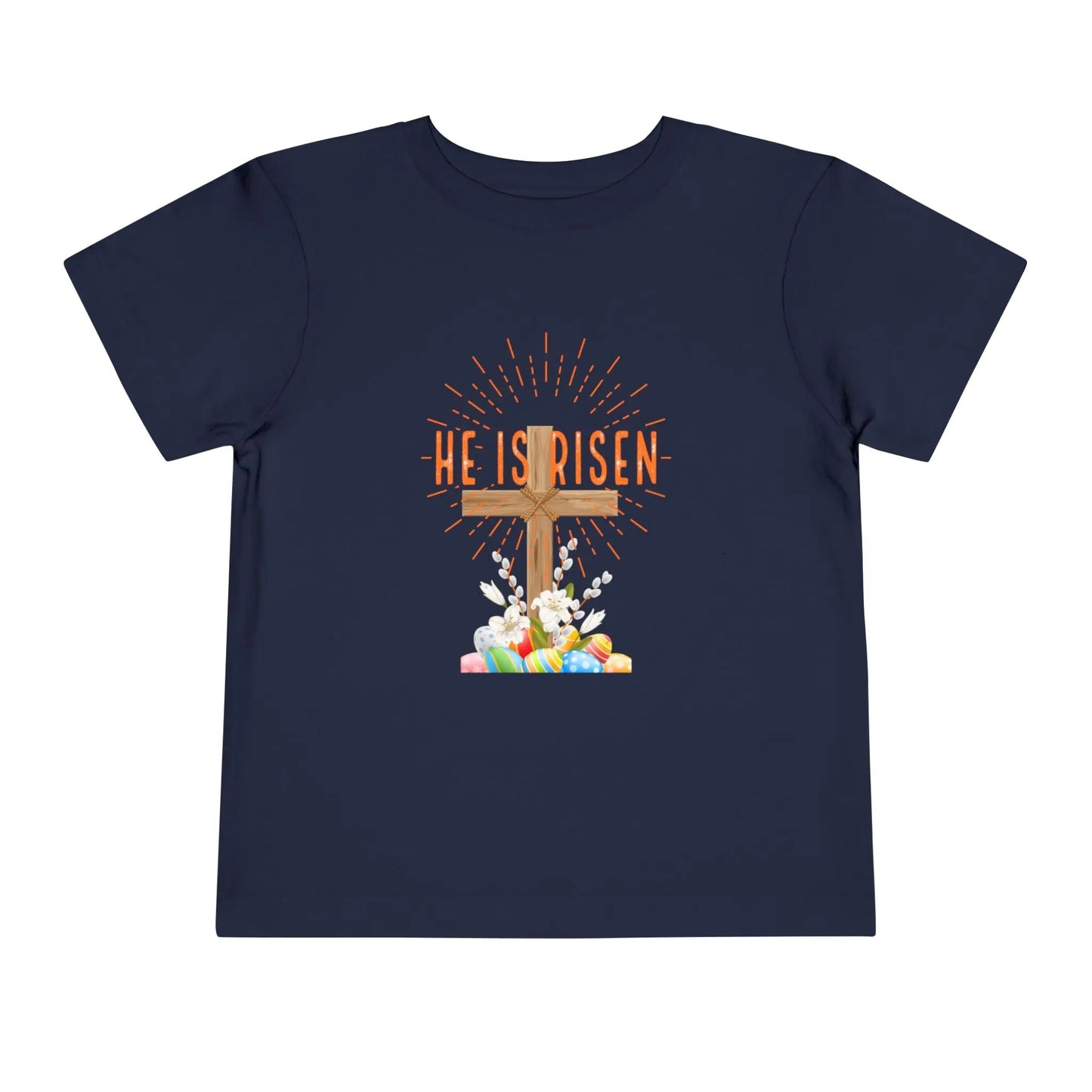 Soft toddler Easter tee with "He Is Risen" cross & pastel eggs. Perfect for church, egg hunts & family photos. Lightweight cotton for comfort & faith. Navy