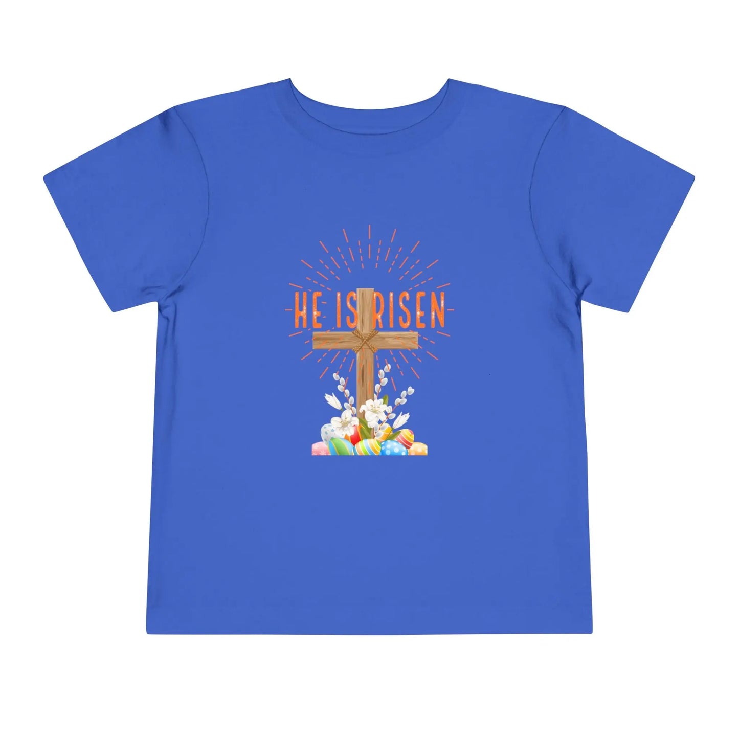 Soft toddler Easter tee with "He Is Risen" cross & pastel eggs. Perfect for church, egg hunts & family photos. Lightweight cotton for comfort & faith. True Royal