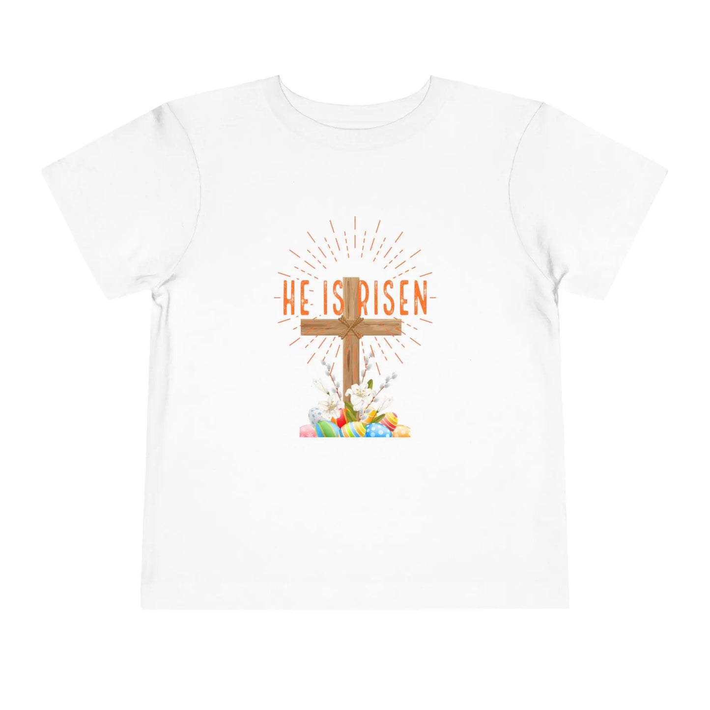 Soft toddler Easter tee with "He Is Risen" cross & pastel eggs. Perfect for church, egg hunts & family photos. Lightweight cotton for comfort & faith. White