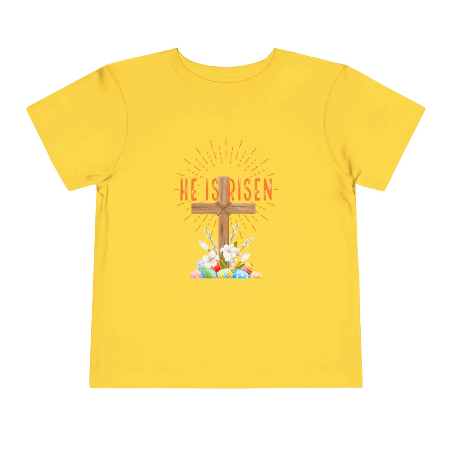 Soft toddler Easter tee with "He Is Risen" cross & pastel eggs. Perfect for church, egg hunts & family photos. Lightweight cotton for comfort & faith. Yellow