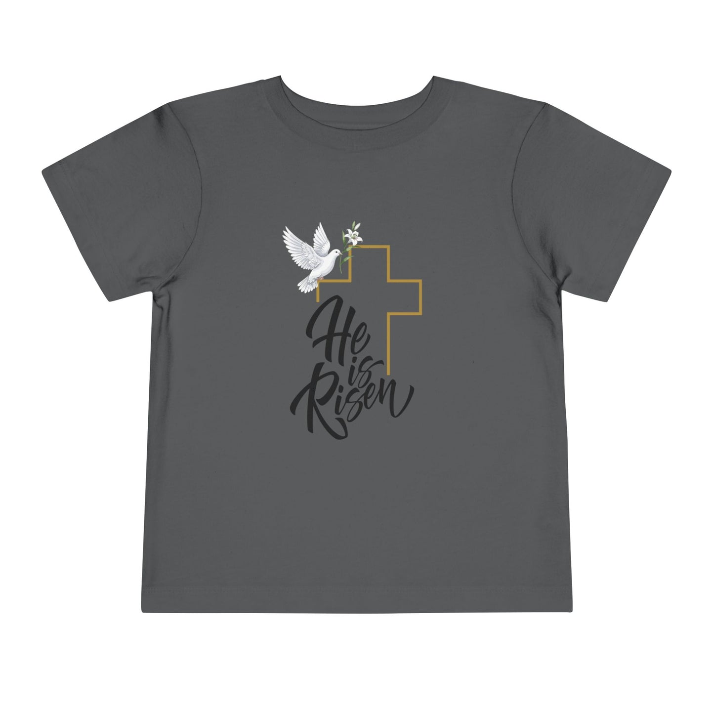Gentle faith-based toddler tee with cross, dove & "He Is Risen" message. Soft cotton perfect for Easter services, baptisms & family gatherings. Asphalt