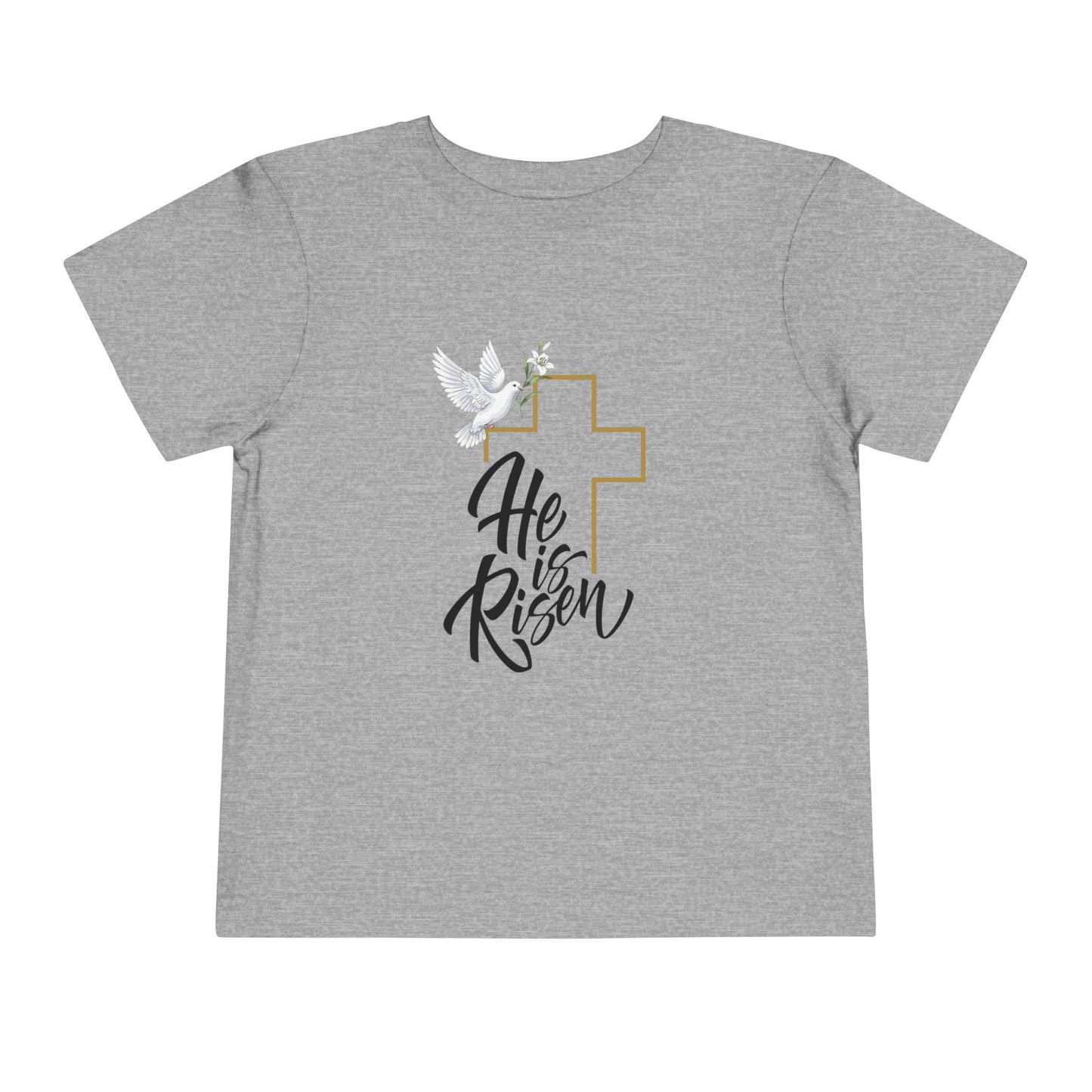 Gentle faith-based toddler tee with cross, dove & "He Is Risen" message. Soft cotton perfect for Easter services, baptisms & family gatherings. Athletic Heather