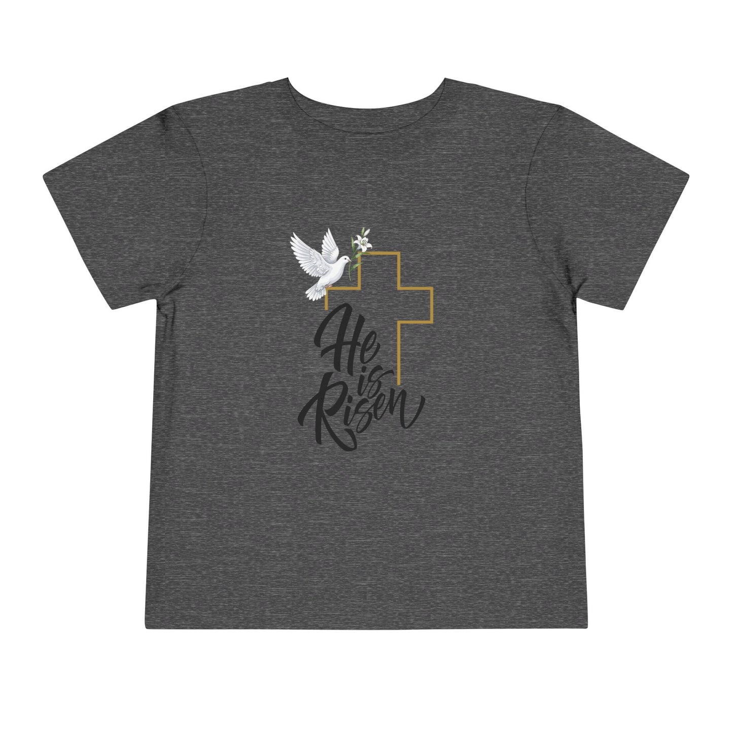 Gentle faith-based toddler tee with cross, dove & "He Is Risen" message. Soft cotton perfect for Easter services, baptisms & family gatherings. Dark Heather Grey