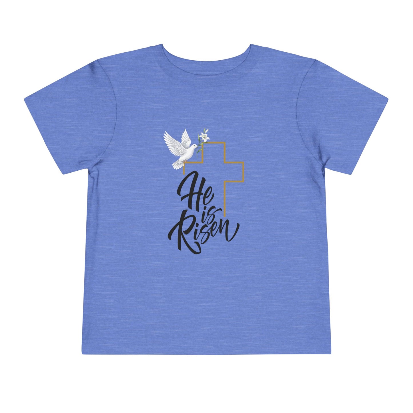 Gentle faith-based toddler tee with cross, dove & "He Is Risen" message. Soft cotton perfect for Easter services, baptisms & family gatherings. Heather Columbia Blue