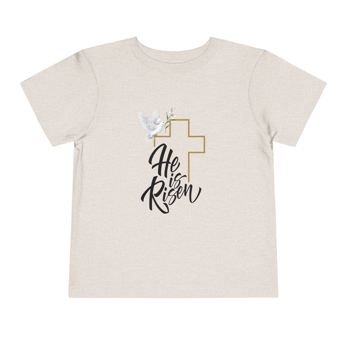 Gentle faith-based toddler tee with cross, dove & "He Is Risen" message. Soft cotton perfect for Easter services, baptisms & family gatherings. Heather Dust