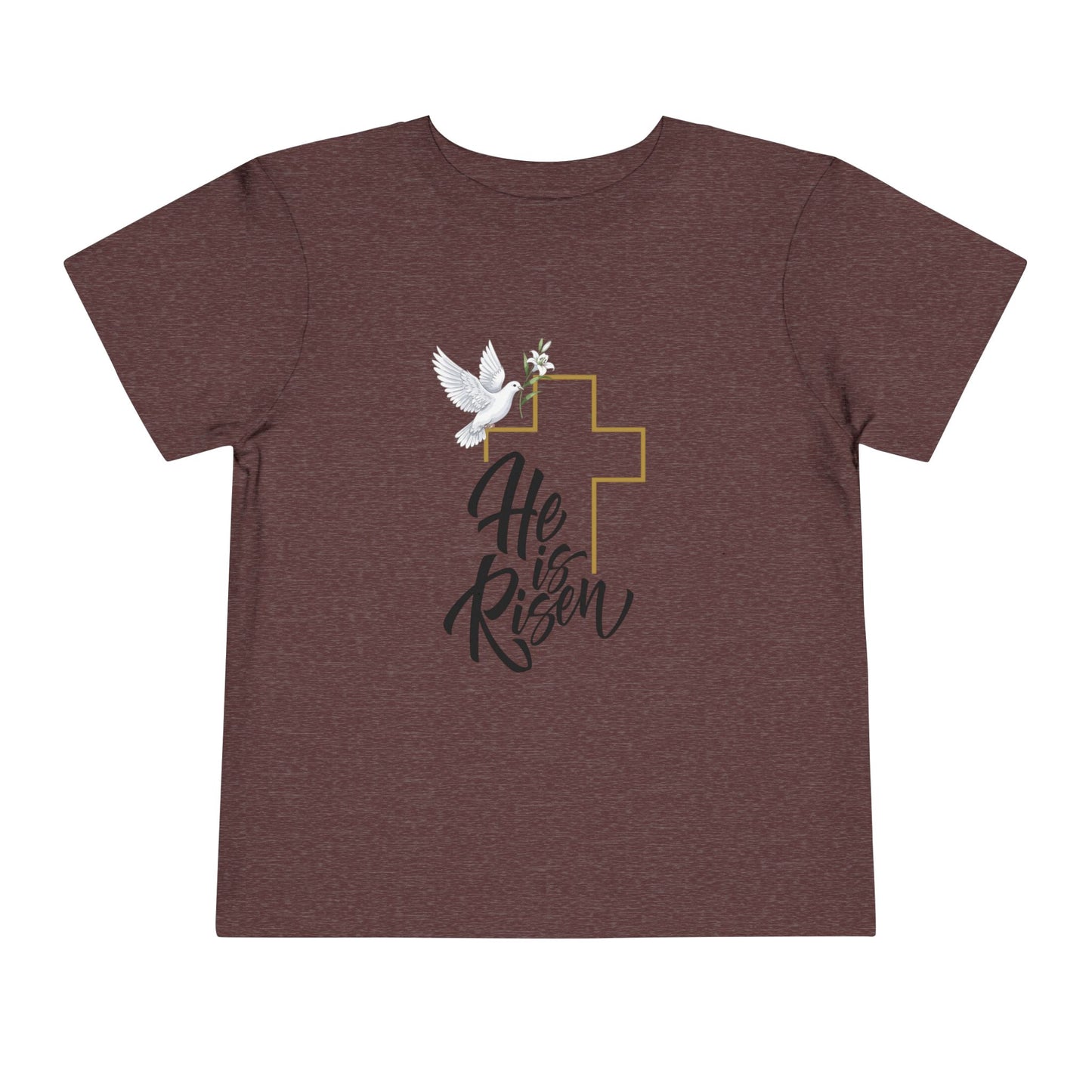 Gentle faith-based toddler tee with cross, dove & "He Is Risen" message. Soft cotton perfect for Easter services, baptisms & family gatherings. Heather Maroon