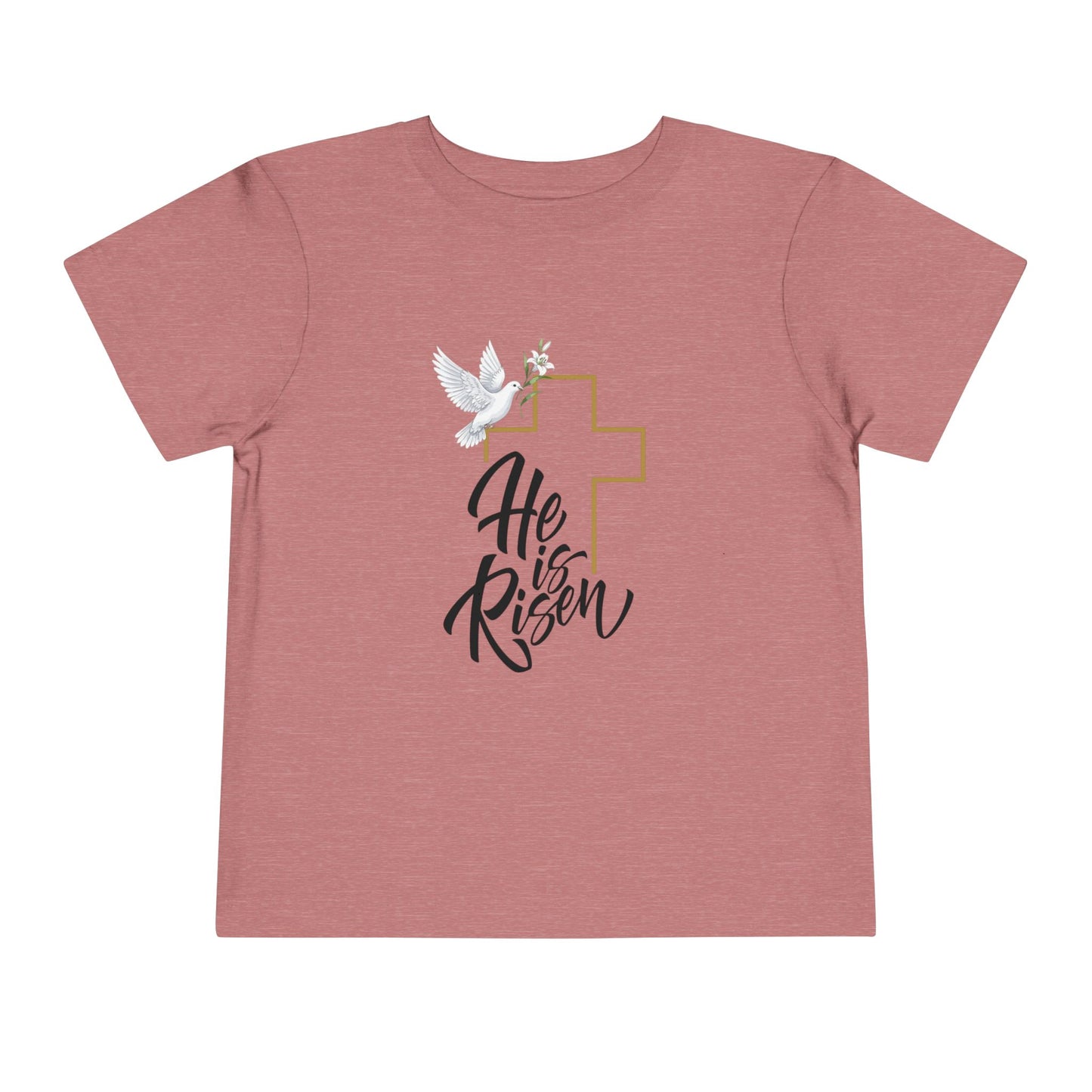 Gentle faith-based toddler tee with cross, dove & "He Is Risen" message. Soft cotton perfect for Easter services, baptisms & family gatherings. Heather Mauve