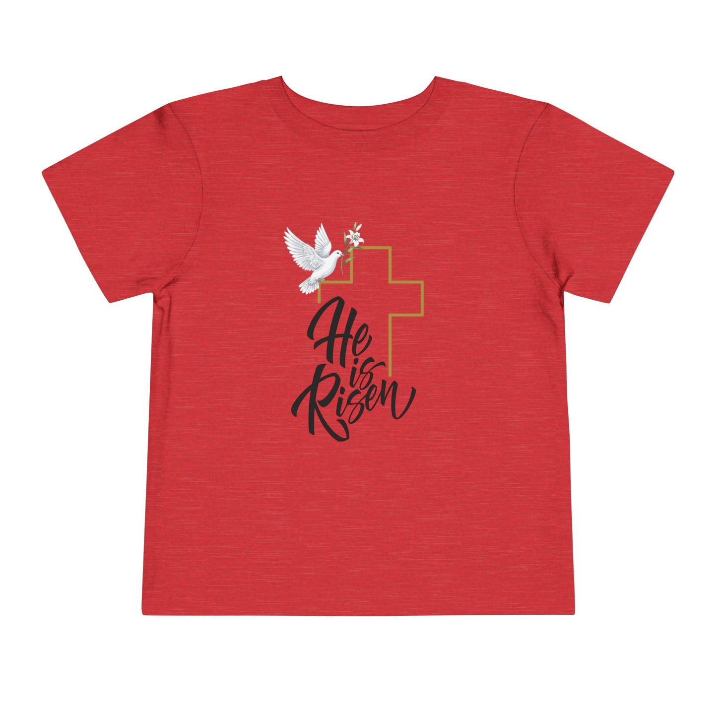 Gentle faith-based toddler tee with cross, dove & "He Is Risen" message. Soft cotton perfect for Easter services, baptisms & family gatherings. Heather Red