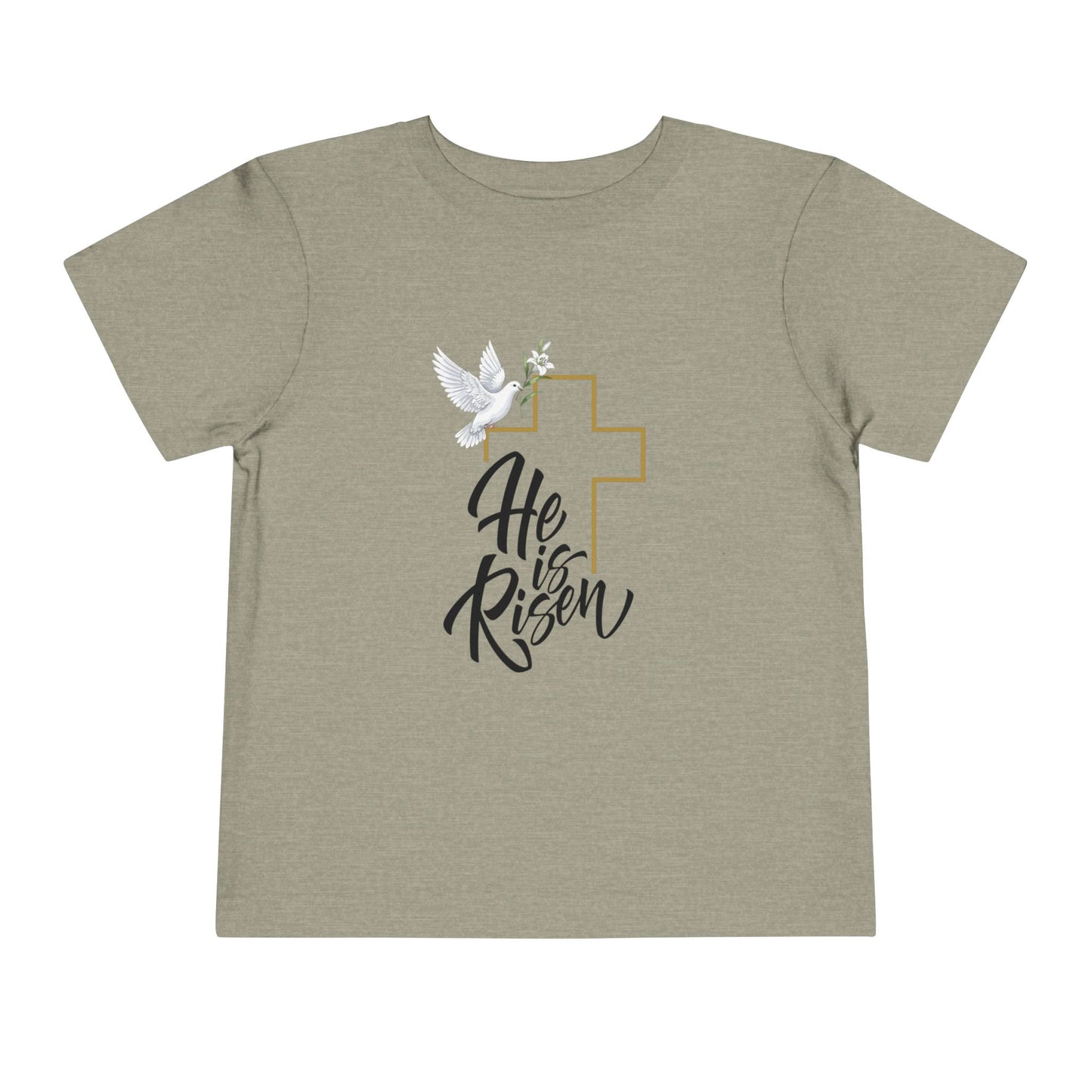 Gentle faith-based toddler tee with cross, dove & "He Is Risen" message. Soft cotton perfect for Easter services, baptisms & family gatherings. Heather Stone