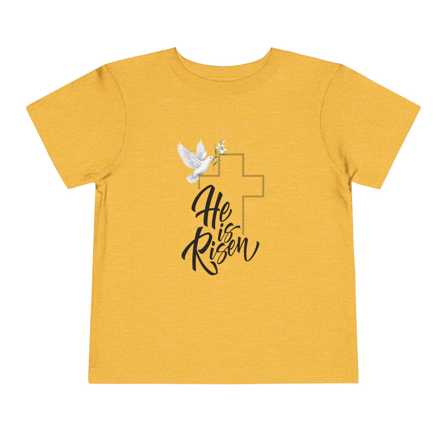 Gentle faith-based toddler tee with cross, dove & "He Is Risen" message. Soft cotton perfect for Easter services, baptisms & family gatherings. Heather Yellow Gold