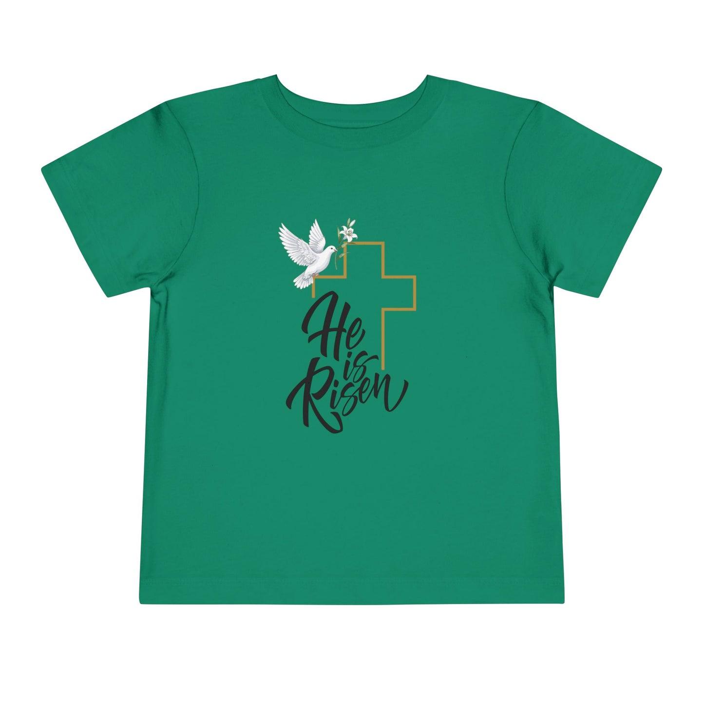 Gentle faith-based toddler tee with cross, dove & "He Is Risen" message. Soft cotton perfect for Easter services, baptisms & family gatherings. Kelly Green