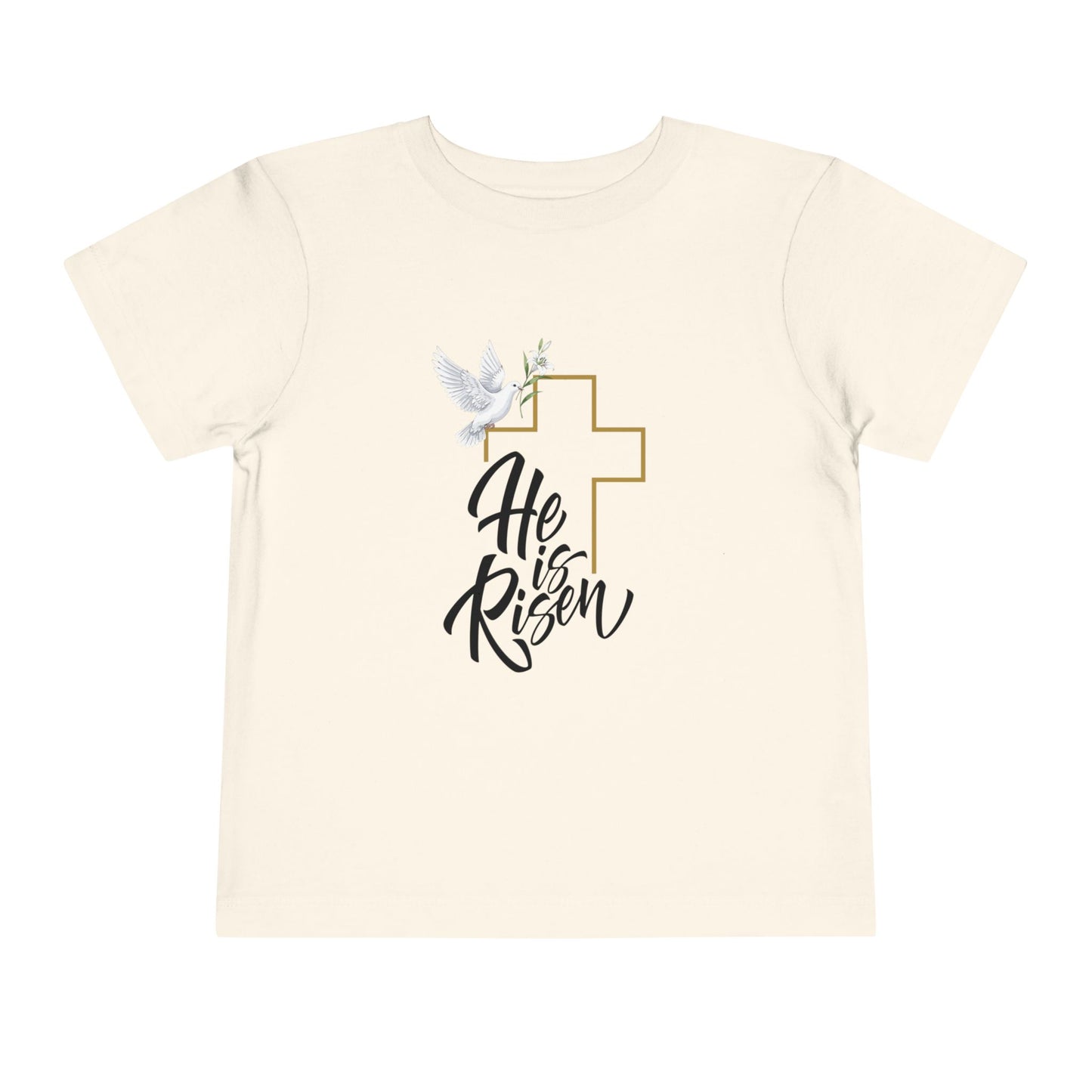 Gentle faith-based toddler tee with cross, dove & "He Is Risen" message. Soft cotton perfect for Easter services, baptisms & family gatherings. Natural