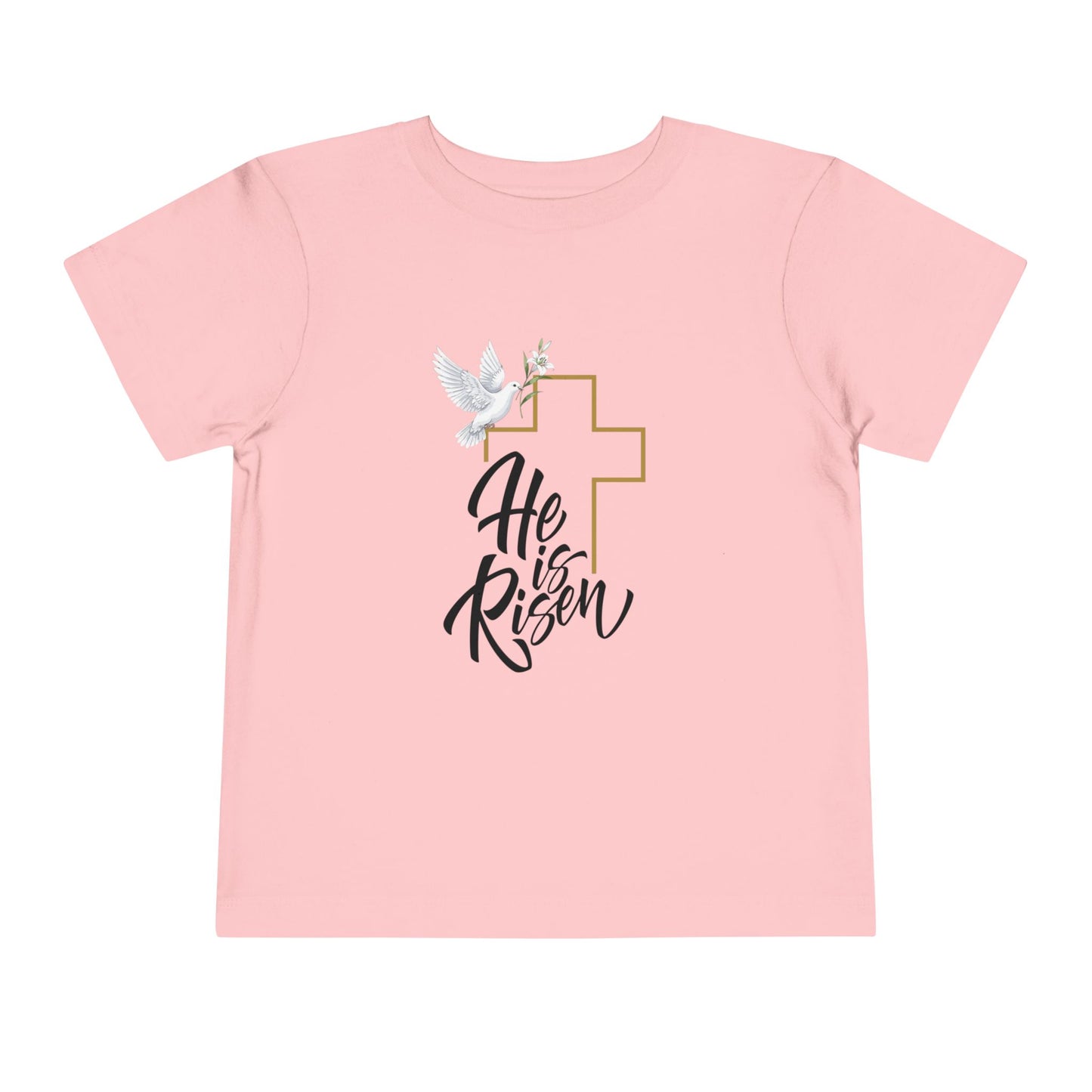 Gentle faith-based toddler tee with cross, dove & "He Is Risen" message. Soft cotton perfect for Easter services, baptisms & family gatherings. Pink
