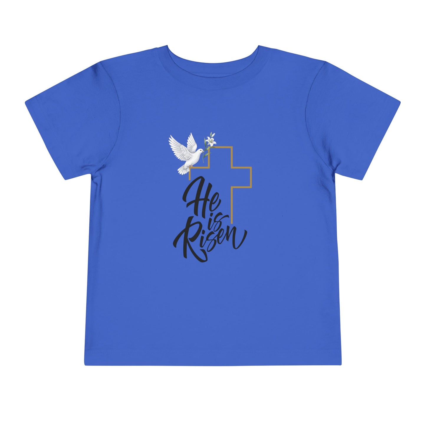 Gentle faith-based toddler tee with cross, dove & "He Is Risen" message. Soft cotton perfect for Easter services, baptisms & family gatherings. True Heather