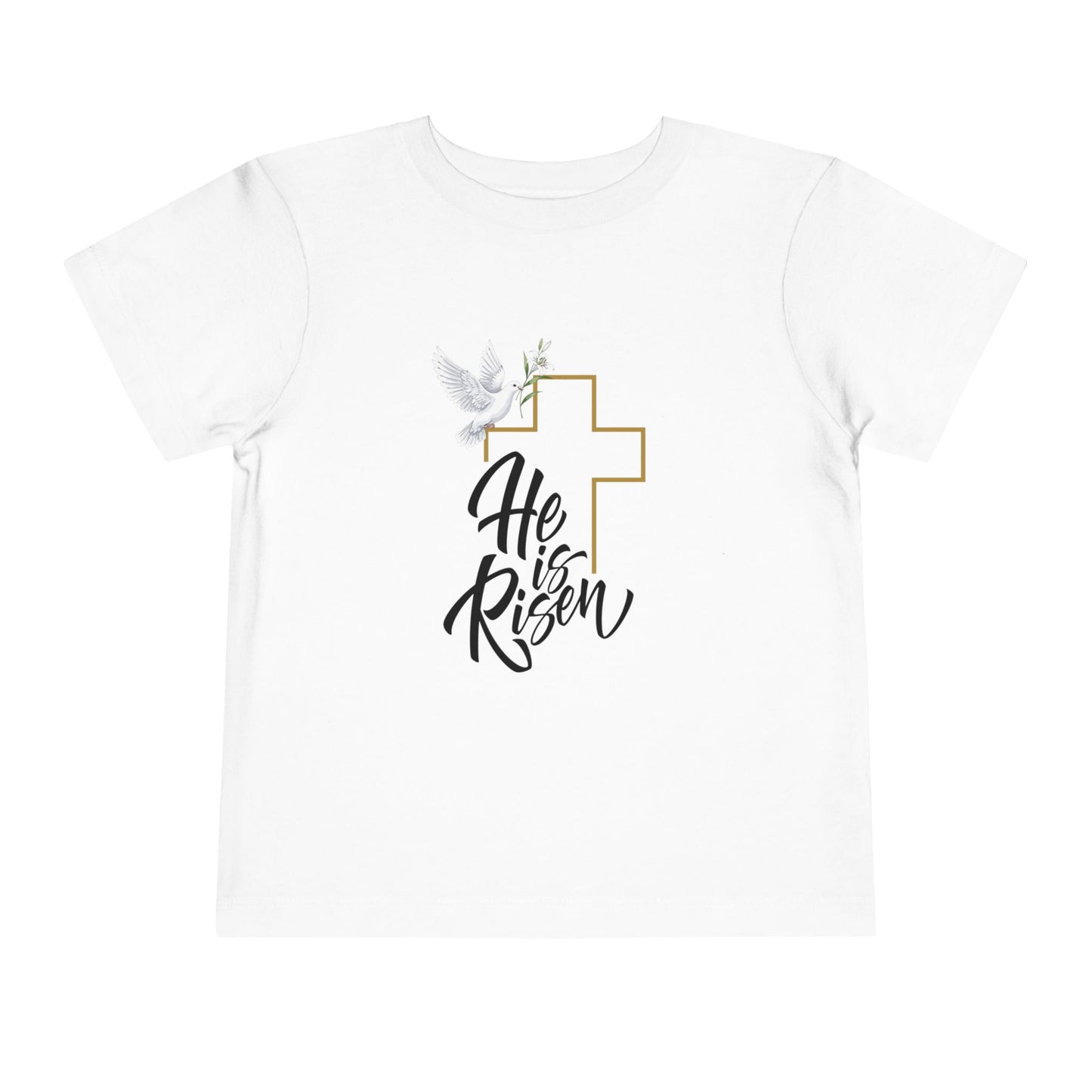 Gentle faith-based toddler tee with cross, dove & "He Is Risen" message. Soft cotton perfect for Easter services, baptisms & family gatherings. White