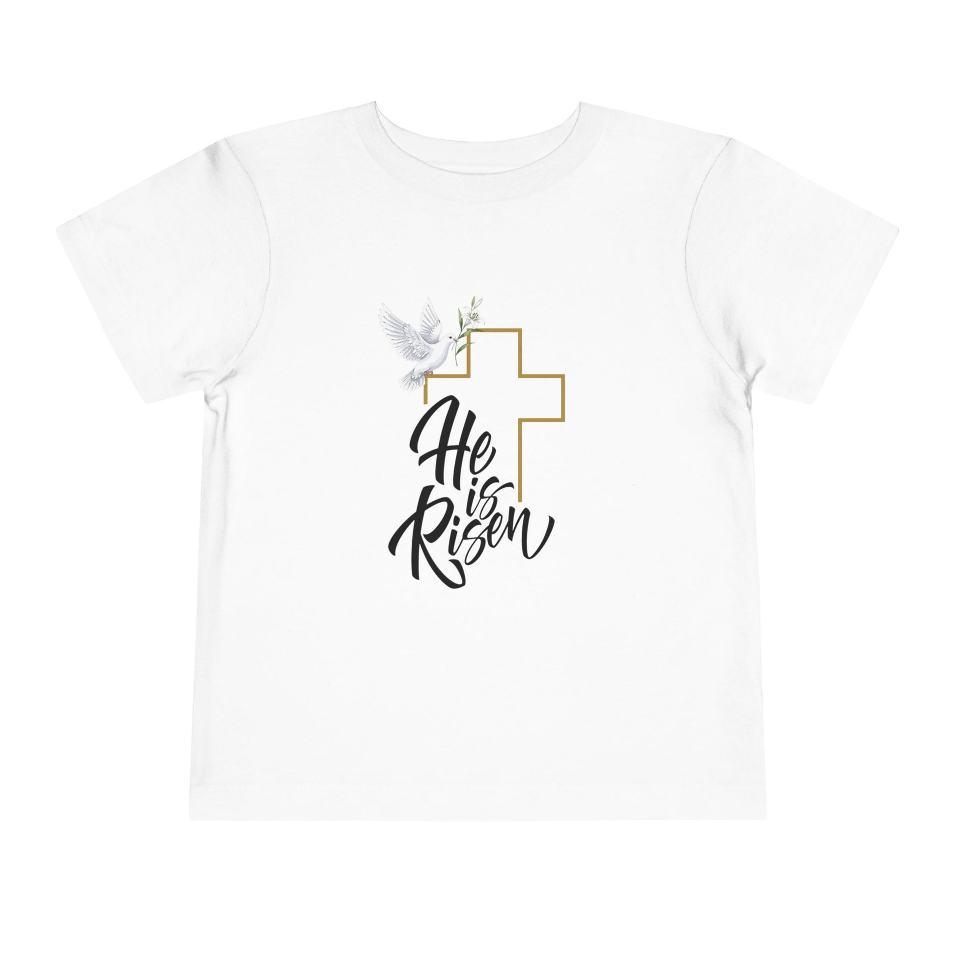 Gentle faith-based toddler tee with cross, dove & "He Is Risen" message. Soft cotton perfect for Easter services, baptisms & family gatherings. White