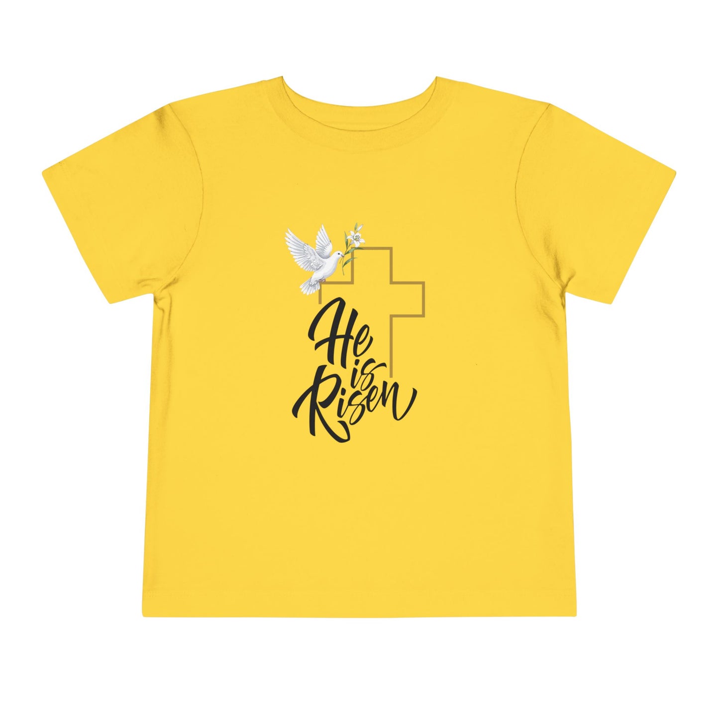 Gentle faith-based toddler tee with cross, dove & "He Is Risen" message. Soft cotton perfect for Easter services, baptisms & family gatherings. Yellow