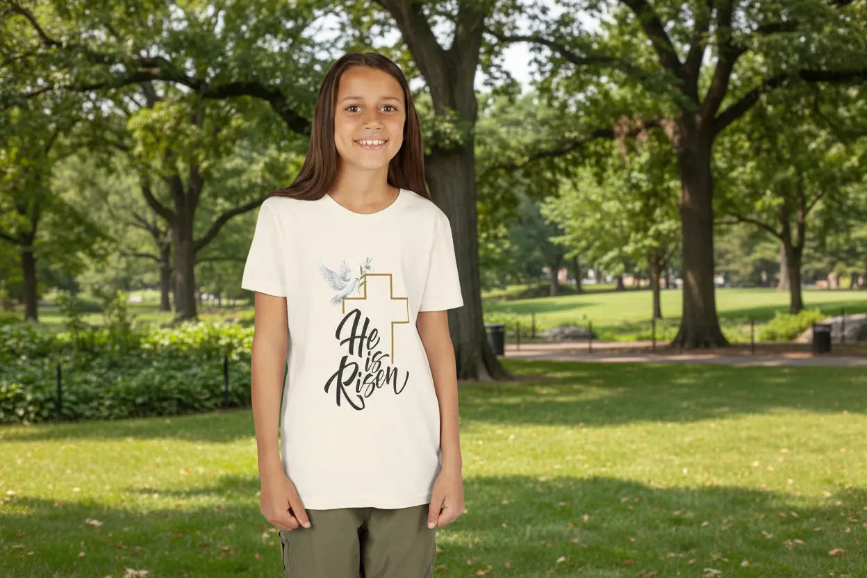 Youth wearing He Is Risen tee with gold cross and dove Easter design,
Natural