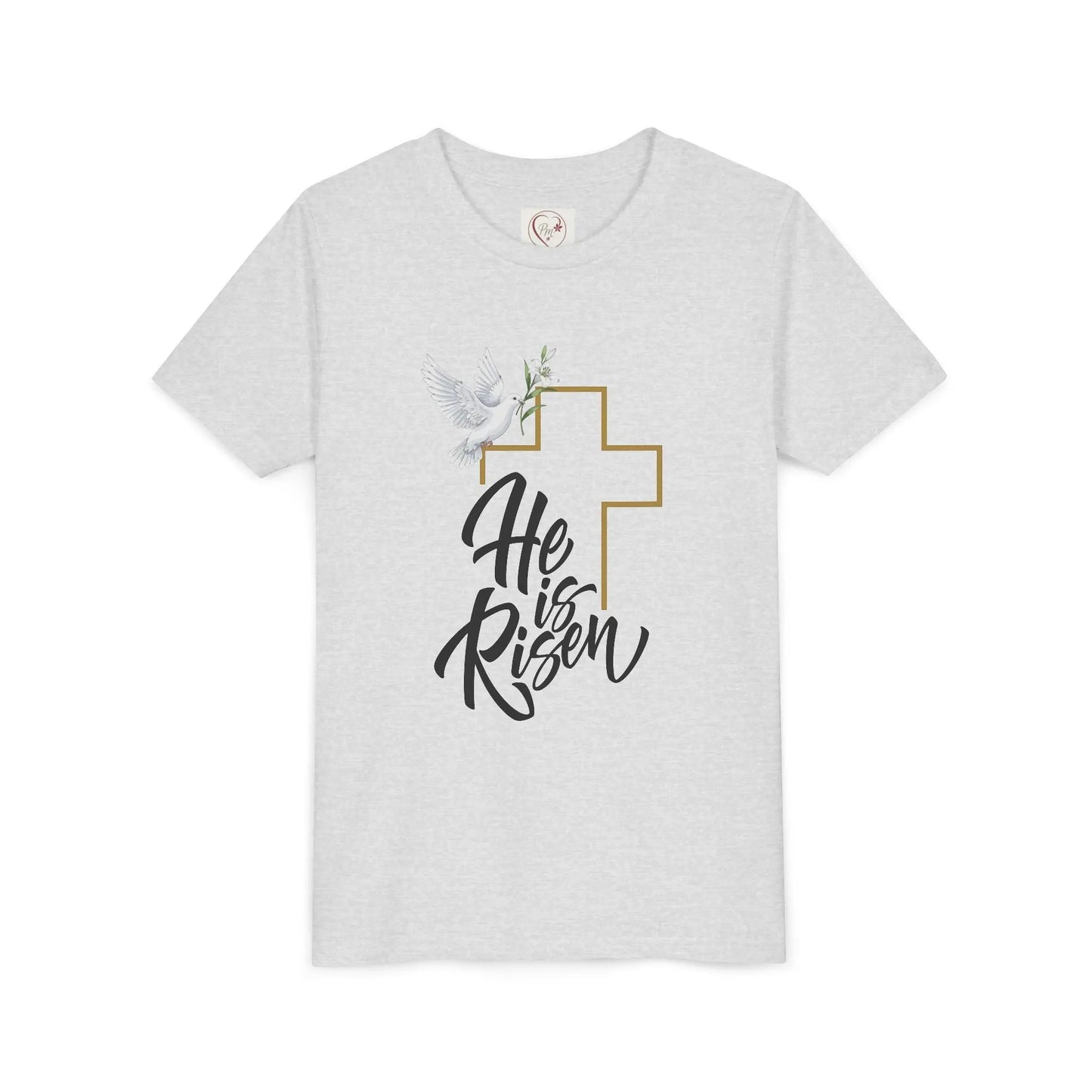 Soft cotton youth tee with gold cross, dove, and He Is Risen message. Perfect for Easter services and spring celebrations. Sizes S-XL. Ash

