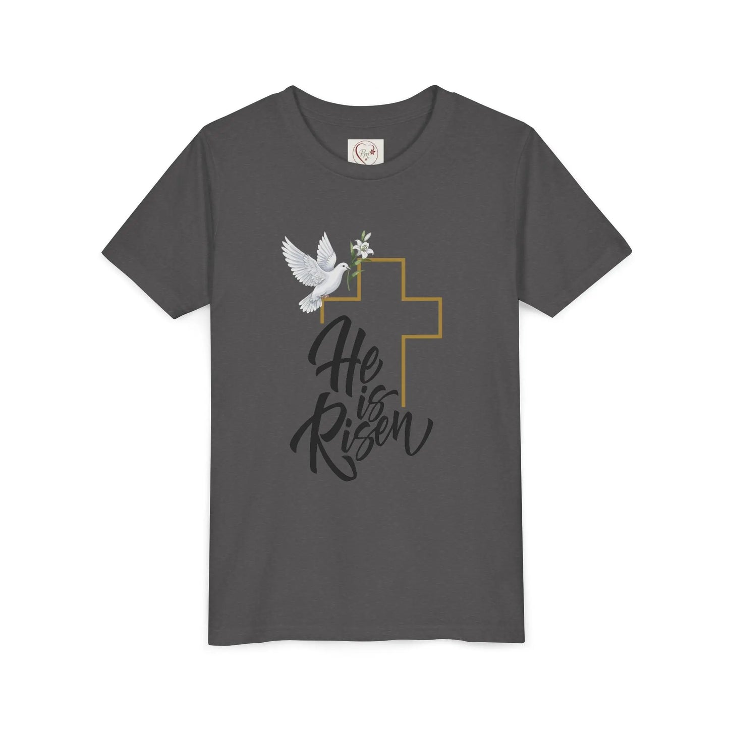 Soft cotton youth tee with gold cross, dove, and He Is Risen message. Perfect for Easter services and spring celebrations. Sizes S-XL. Asphalt
