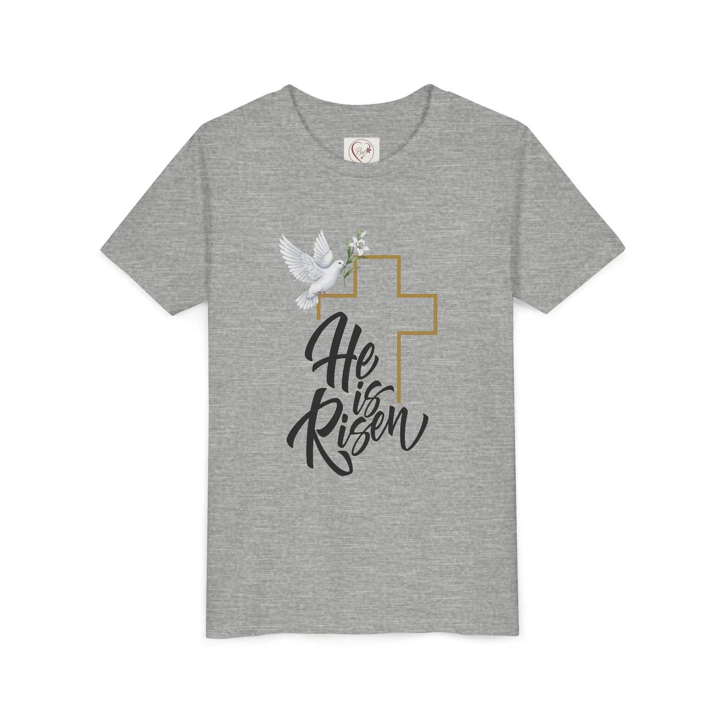 Soft cotton youth tee with gold cross, dove, and He Is Risen message. Perfect for Easter services and spring celebrations. Sizes S-XL. Athletic Heather
