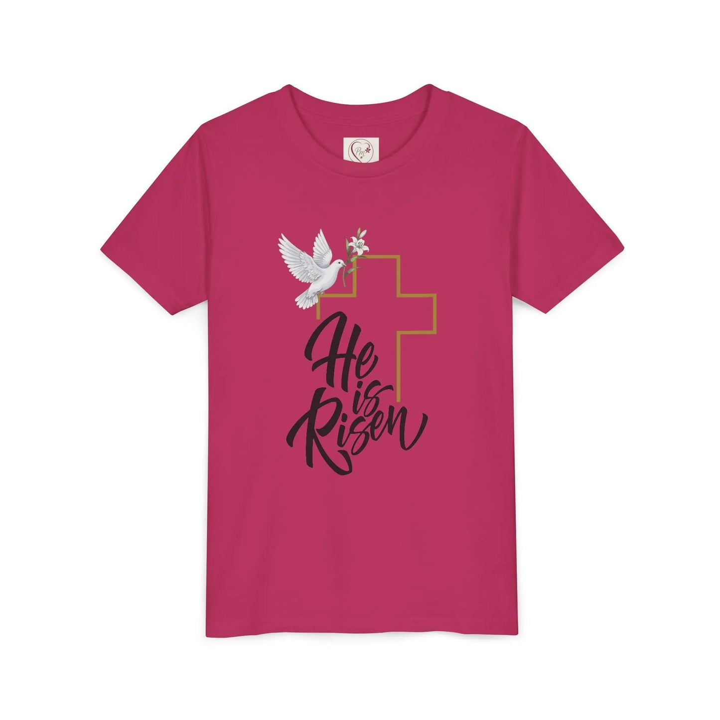 Soft cotton youth tee with gold cross, dove, and He Is Risen message. Perfect for Easter services and spring celebrations. Sizes S-XL. Berry
