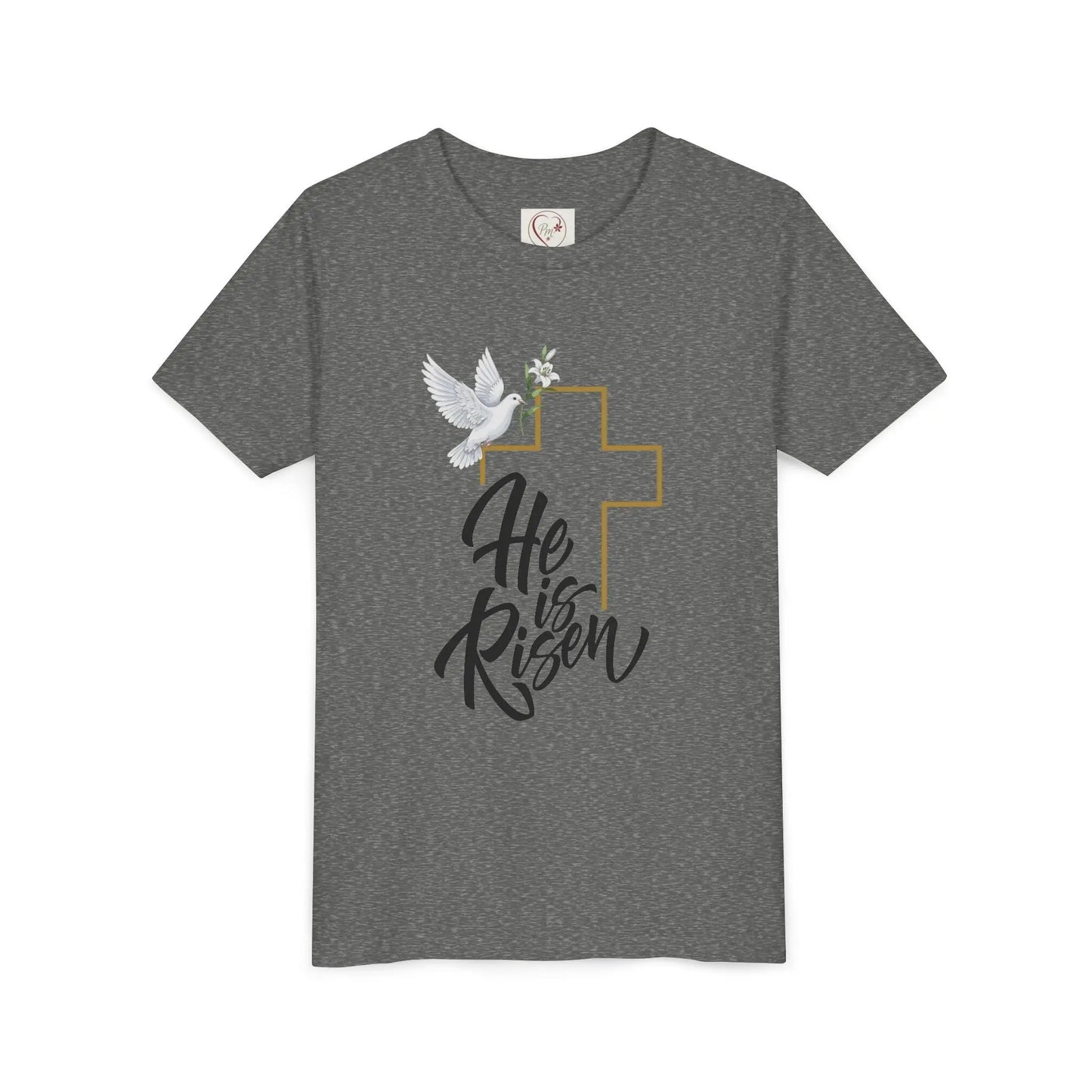 Soft cotton youth tee with gold cross, dove, and He Is Risen message. Perfect for Easter services and spring celebrations. Sizes S-XL. Deep Heather
