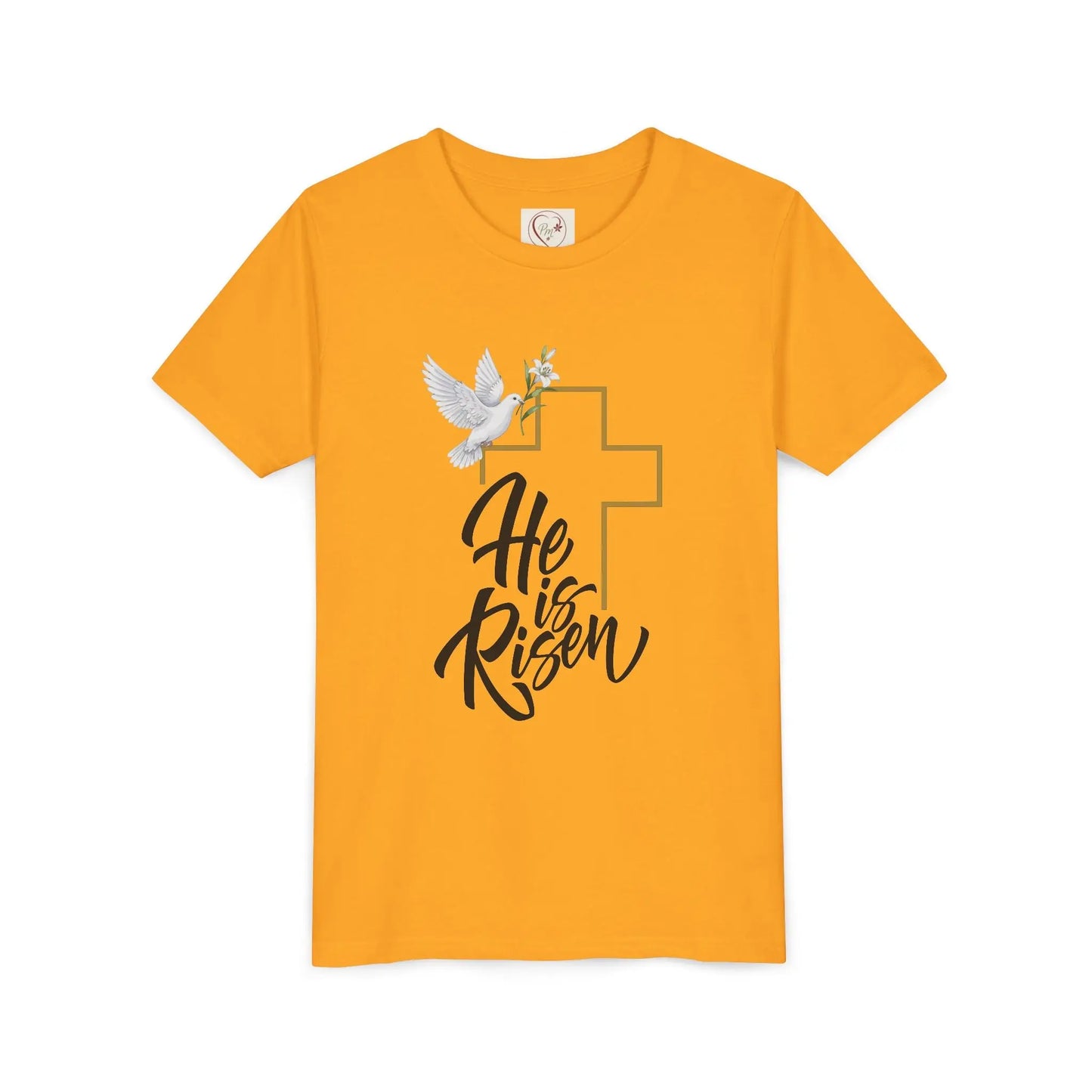 Soft cotton youth tee with gold cross, dove, and He Is Risen message. Perfect for Easter services and spring celebrations. Sizes S-XL. Gold
