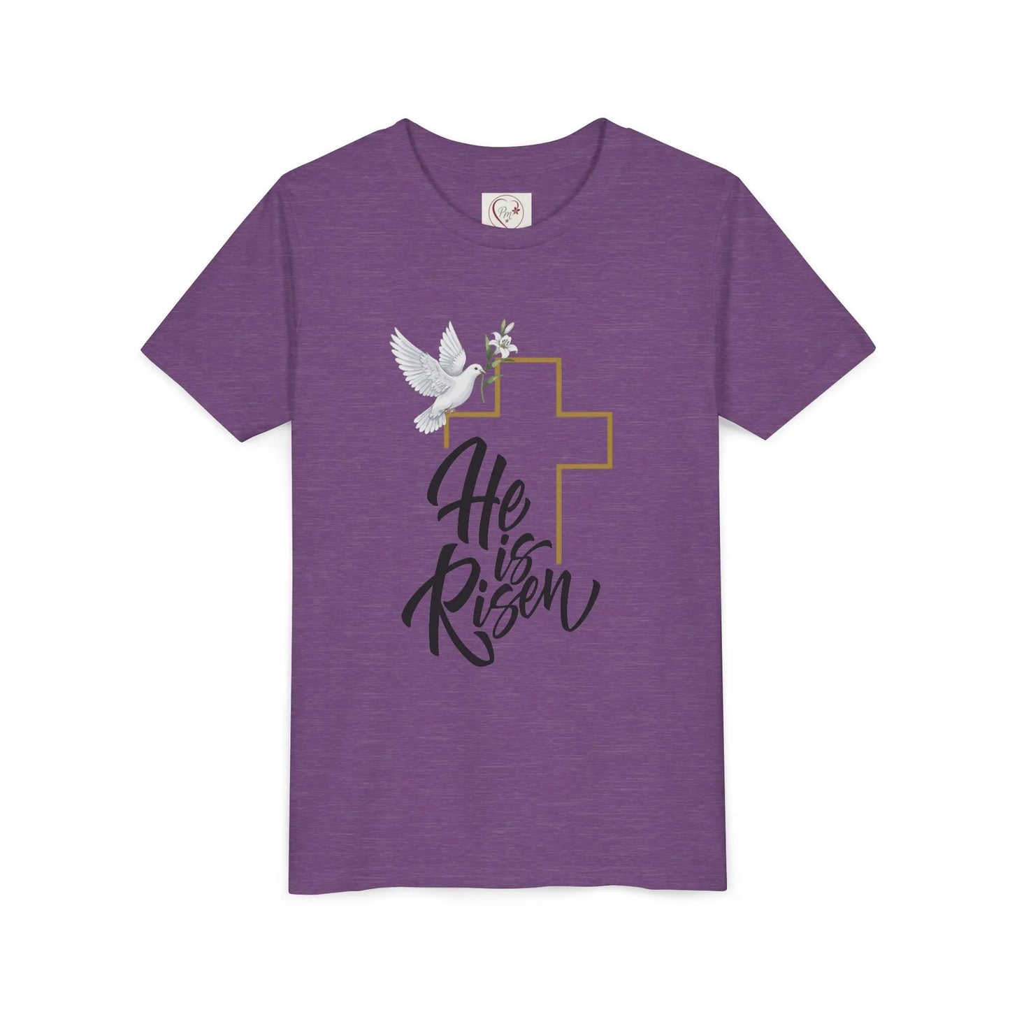 Soft cotton youth tee with gold cross, dove, and He Is Risen message. Perfect for Easter services and spring celebrations. Sizes S-XL. Heather Team Purple
