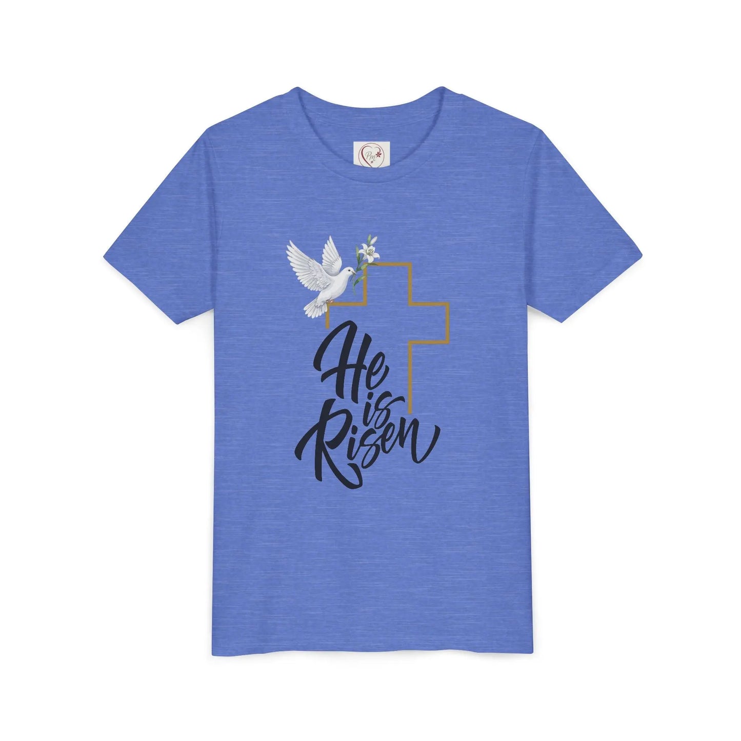 Soft cotton youth tee with gold cross, dove, and He Is Risen message. Perfect for Easter services and spring celebrations. Sizes S-XL. Heather Columbia Blue

