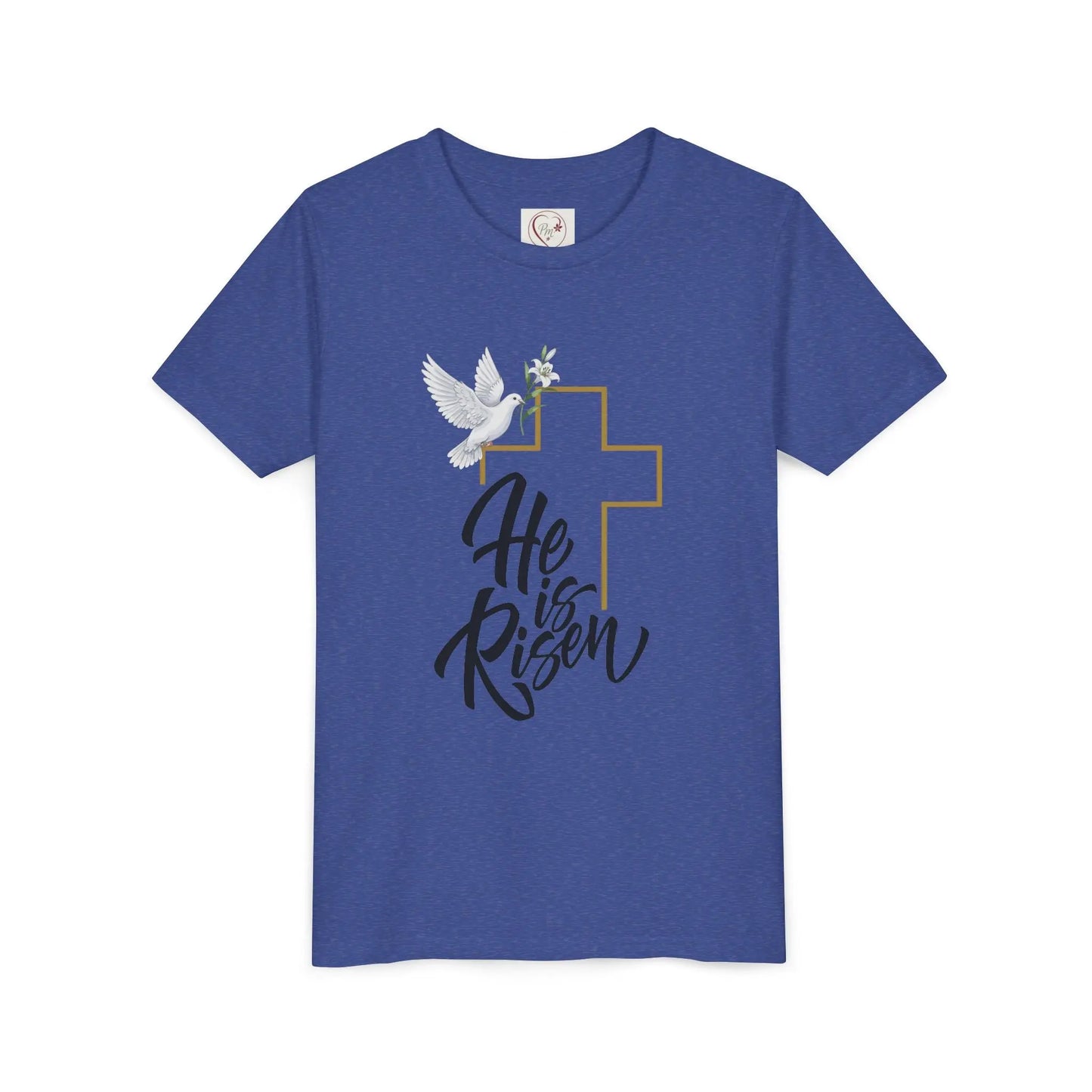 Soft cotton youth tee with gold cross, dove, and He Is Risen message. Perfect for Easter services and spring celebrations. Sizes S-XL. Heather True Royal
