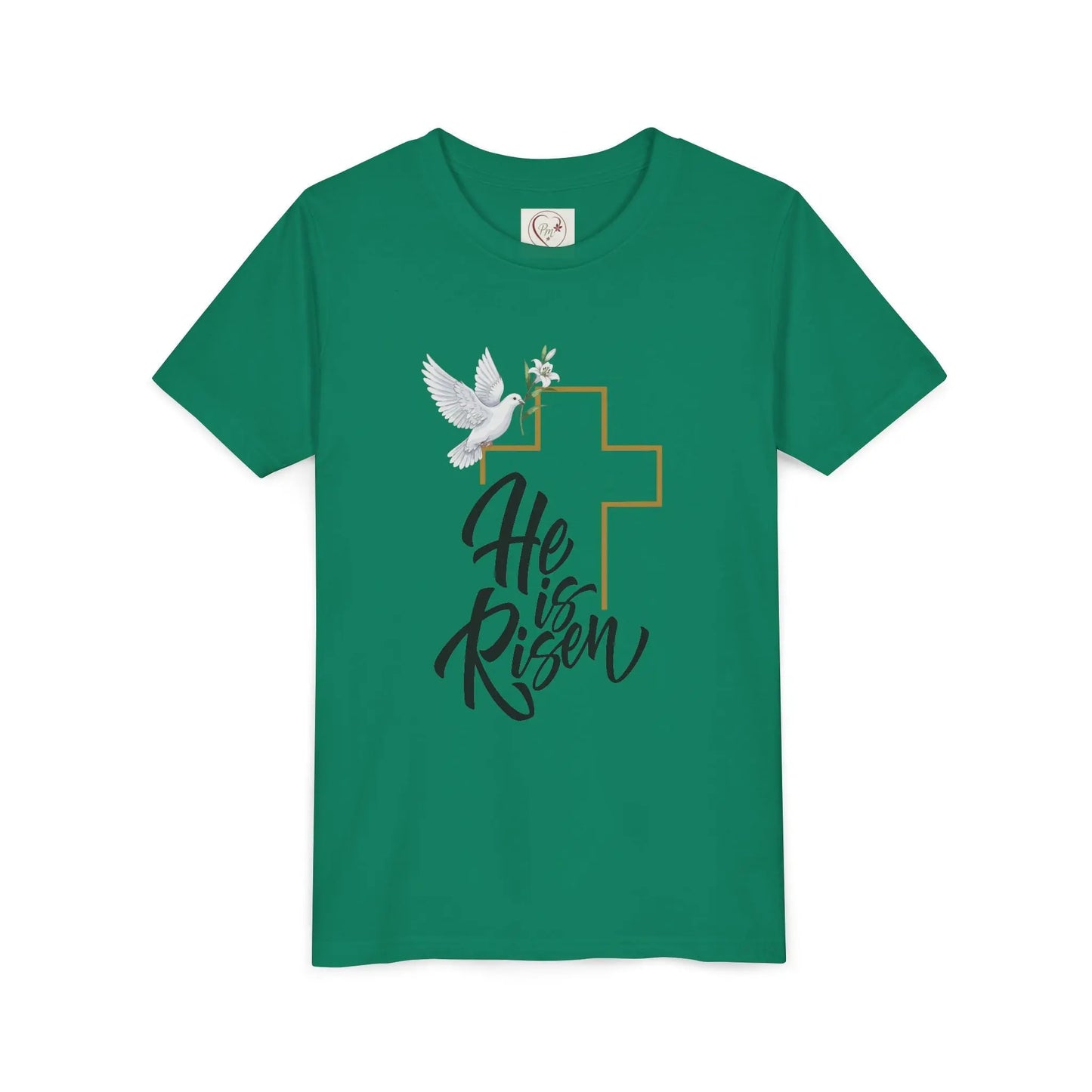 Soft cotton youth tee with gold cross, dove, and He Is Risen message. Perfect for Easter services and spring celebrations. Sizes S-XL. Kelly Green
