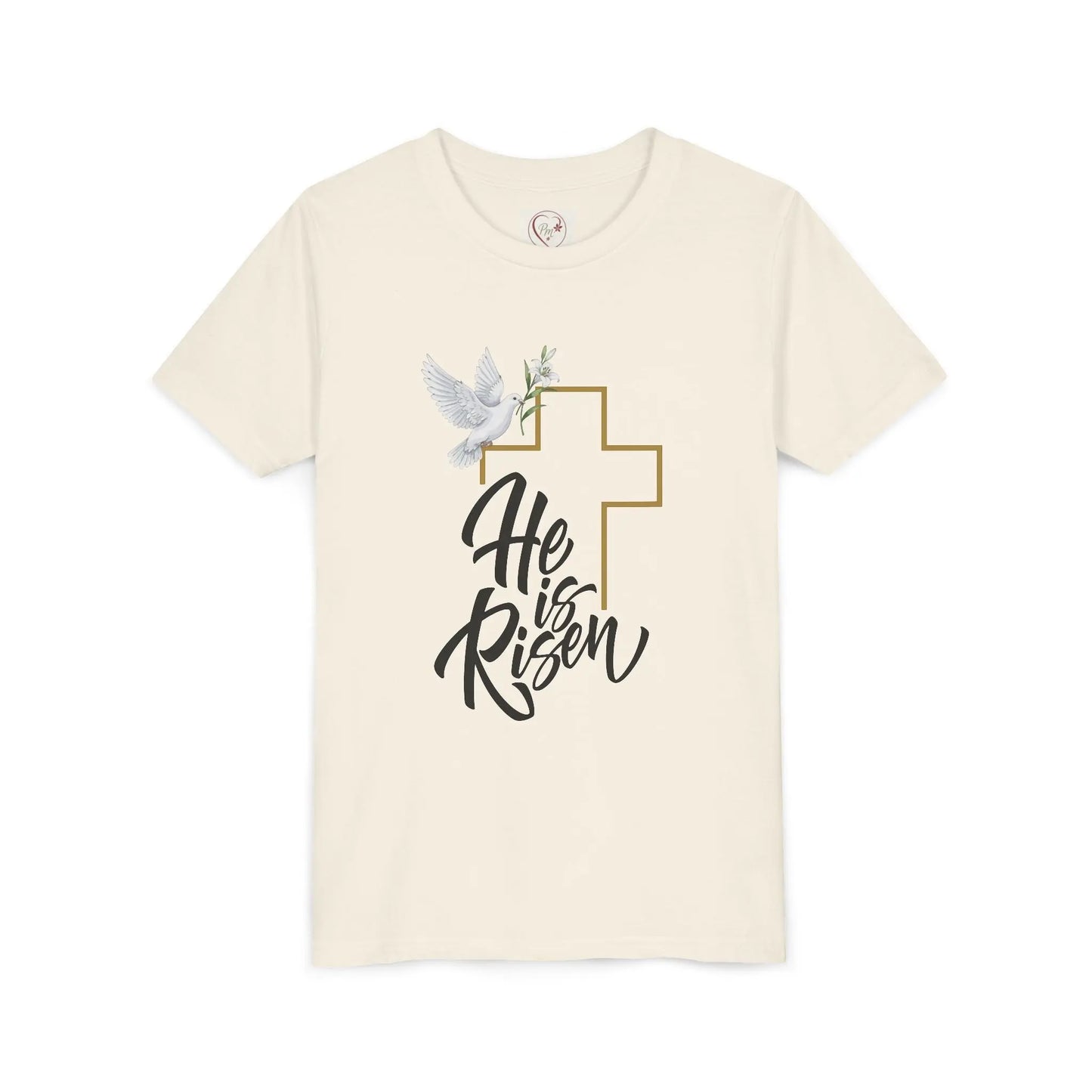 Soft cotton youth tee with gold cross, dove, and He Is Risen message. Perfect for Easter services and spring celebrations. Sizes S-XL. Natural