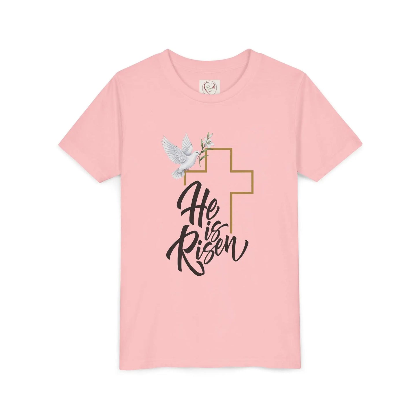 Soft cotton youth tee with gold cross, dove, and He Is Risen message. Perfect for Easter services and spring celebrations. Sizes S-XL. Pink
