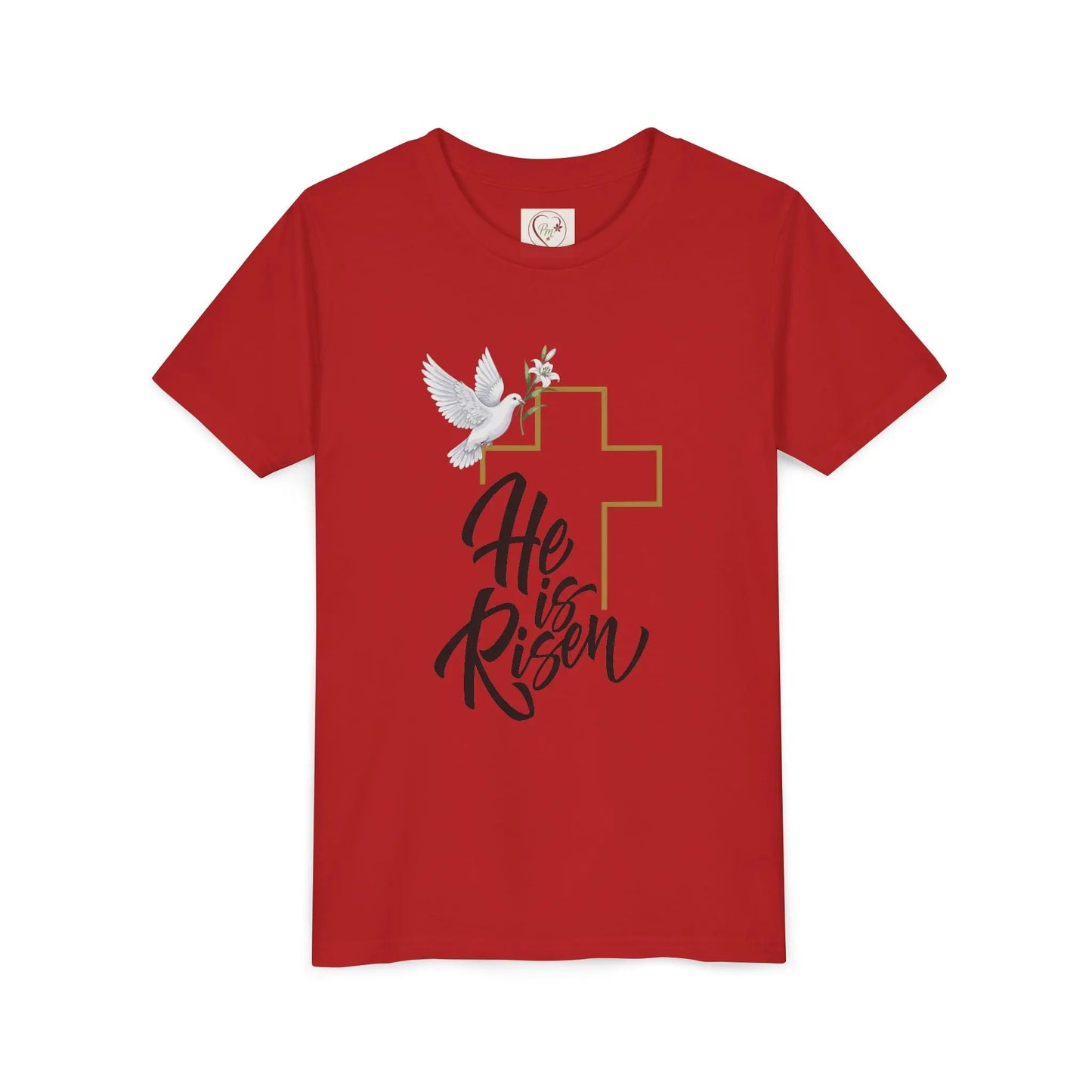 Soft cotton youth tee with gold cross, dove, and He Is Risen message. Perfect for Easter services and spring celebrations. Sizes S-XL. Red
