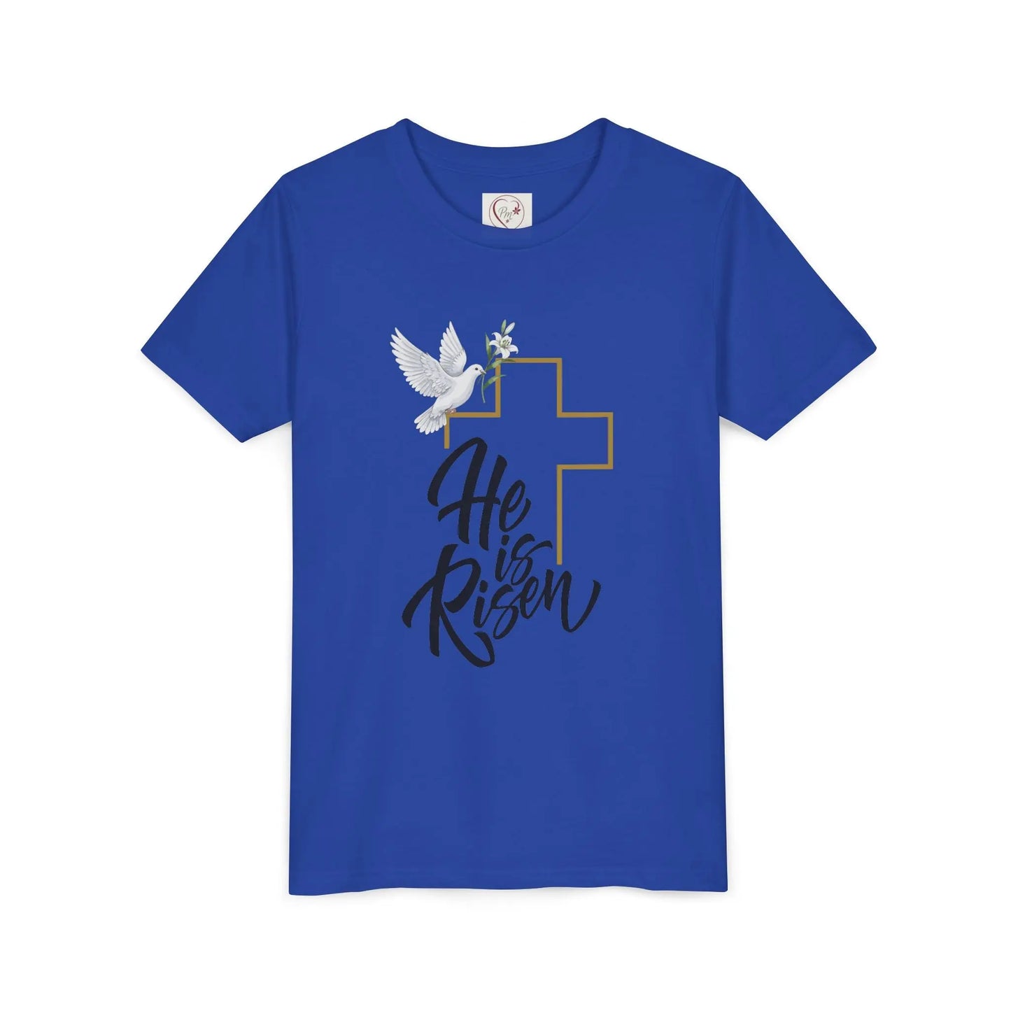 Soft cotton youth tee with gold cross, dove, and He Is Risen message. Perfect for Easter services and spring celebrations. Sizes S-XL. True Royal
