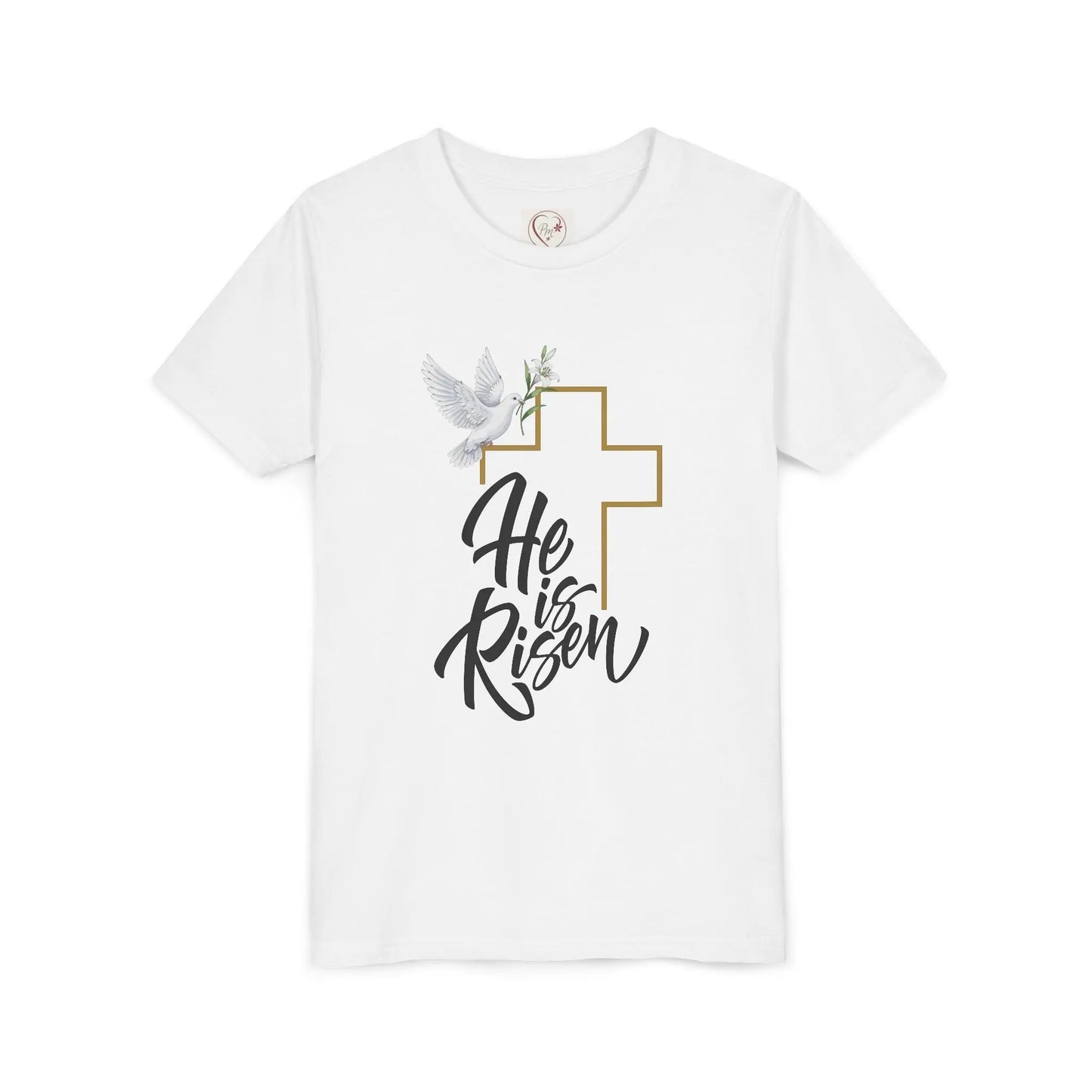 Soft cotton youth tee with gold cross, dove, and He Is Risen message. Perfect for Easter services and spring celebrations. Sizes S-XL. White
