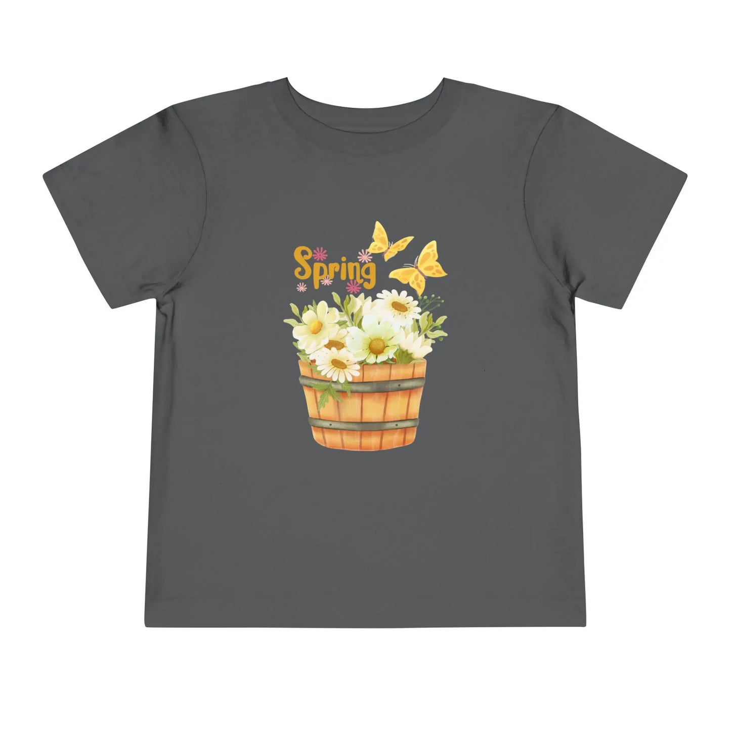 Soft cotton toddler tee with watercolor daisy basket, butterflies, and Hello Spring script. Perfect for spring playtime and garden adventures. Sizes 2T-5T. Asphalt
