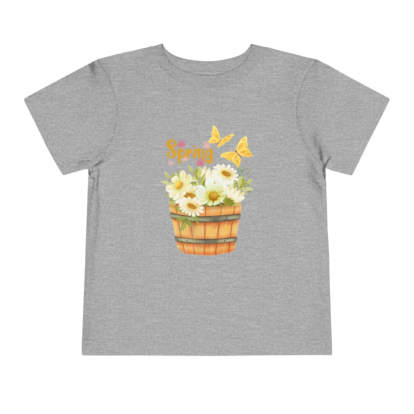 Soft cotton toddler tee with watercolor daisy basket, butterflies, and Hello Spring script. Perfect for spring playtime and garden adventures. Sizes 2T-5T. Athletic Heather
