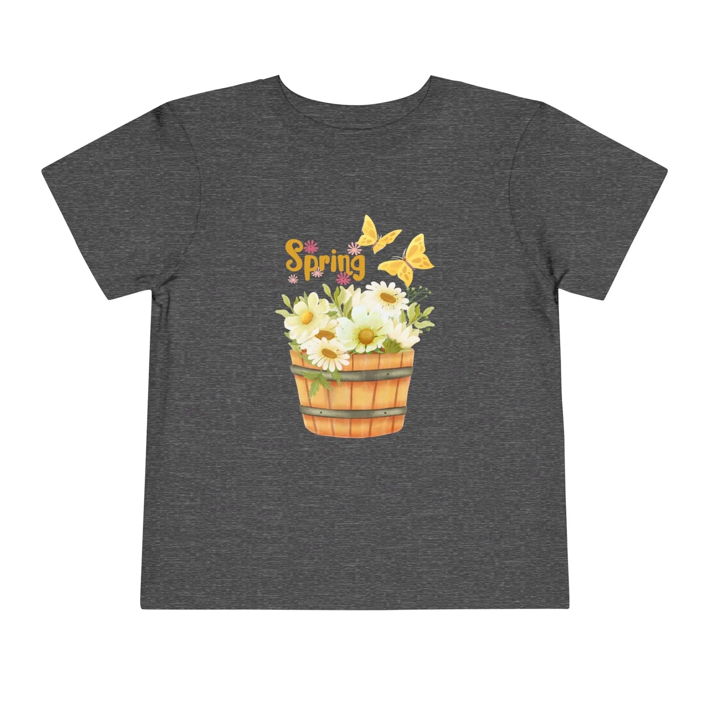 Soft cotton toddler tee with watercolor daisy basket, butterflies, and Hello Spring script. Perfect for spring playtime and garden adventures. Sizes 2T-5T. Dark Heather Grey

