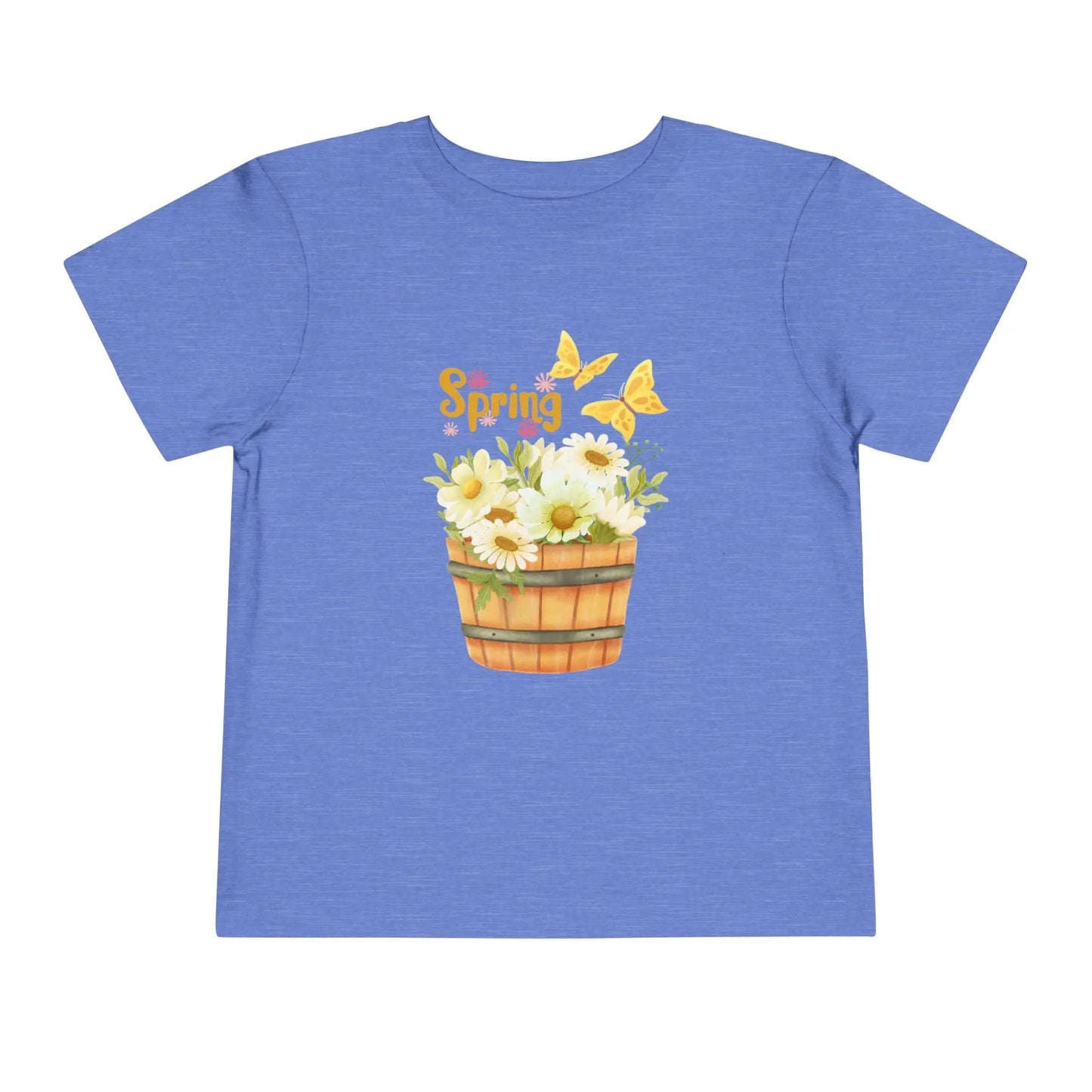 Soft cotton toddler tee with watercolor daisy basket, butterflies, and Hello Spring script. Perfect for spring playtime and garden adventures. Sizes 2T-5T. Heather Columbia Blue
