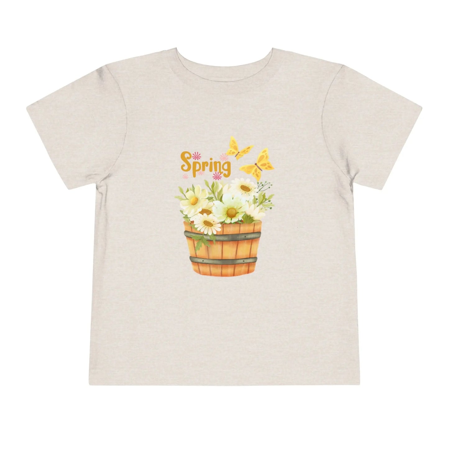 Soft cotton toddler tee with watercolor daisy basket, butterflies, and Hello Spring script. Perfect for spring playtime and garden adventures. Sizes 2T-5T. Heather Dust
