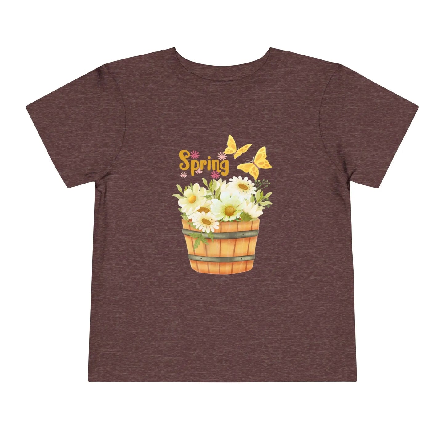Soft cotton toddler tee with watercolor daisy basket, butterflies, and Hello Spring script. Perfect for spring playtime and garden adventures. Sizes 2T-5T. Heather Maroon