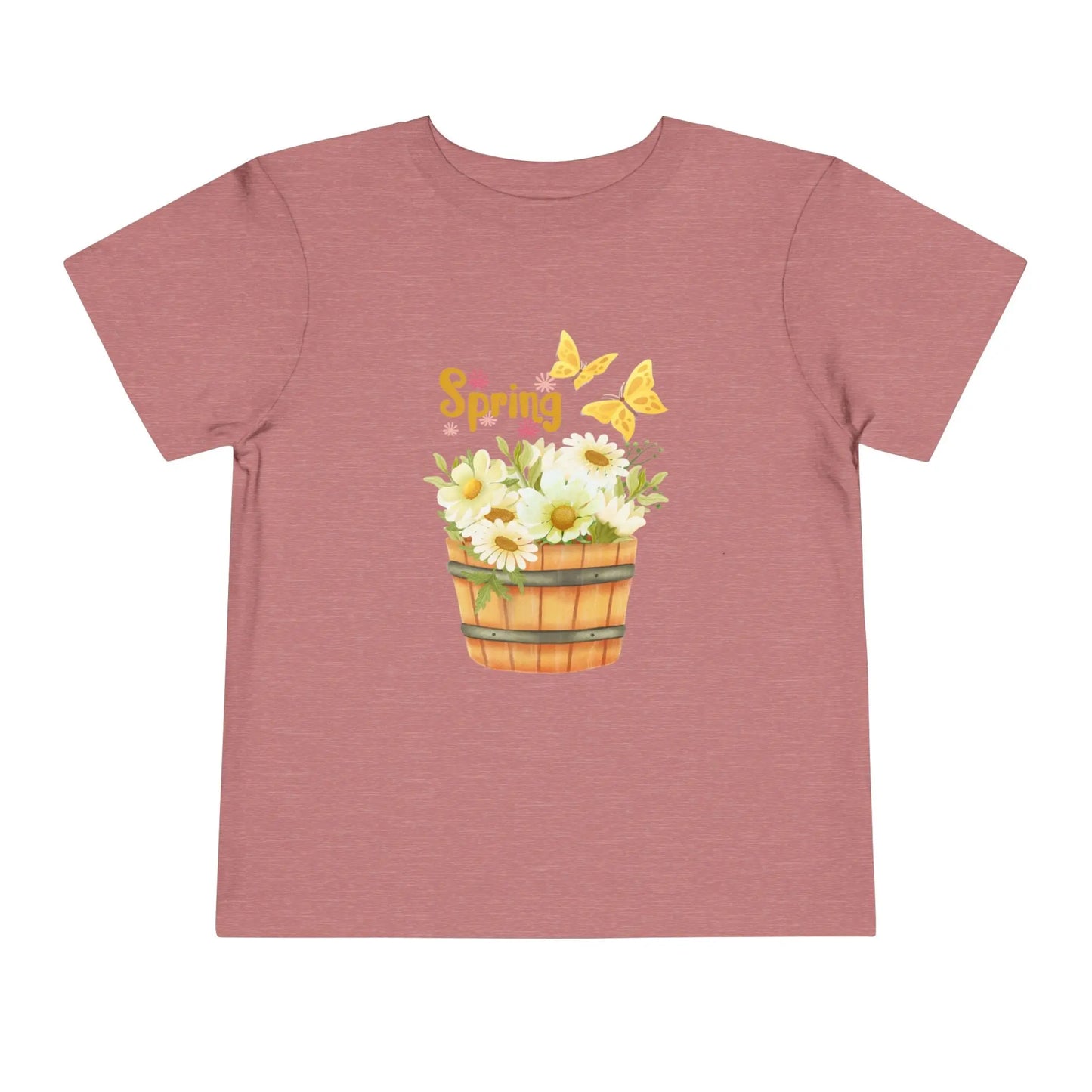 Soft cotton toddler tee with watercolor daisy basket, butterflies, and Hello Spring script. Perfect for spring playtime and garden adventures. Sizes 2T-5T. Heather Mauve
