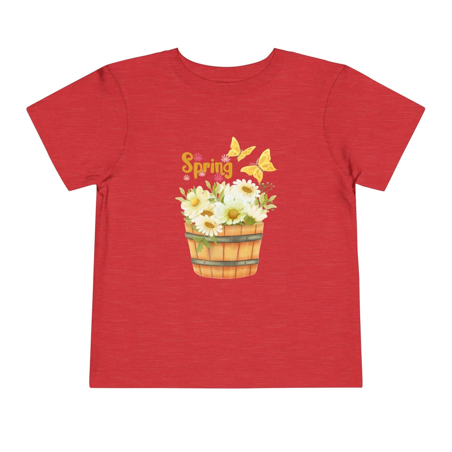 Soft cotton toddler tee with watercolor daisy basket, butterflies, and Hello Spring script. Perfect for spring playtime and garden adventures. Sizes 2T-5T. Heather Red
