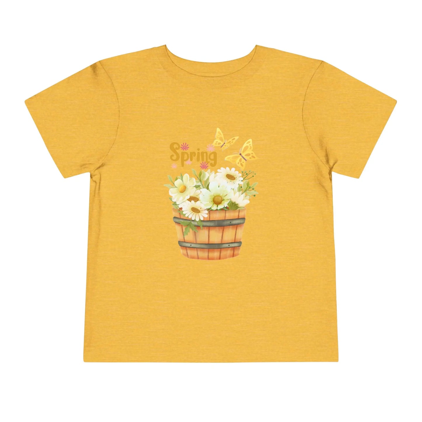 Soft cotton toddler tee with watercolor daisy basket, butterflies, and Hello Spring script. Perfect for spring playtime and garden adventures. Sizes 2T-5T. Heather Yellow Gold
