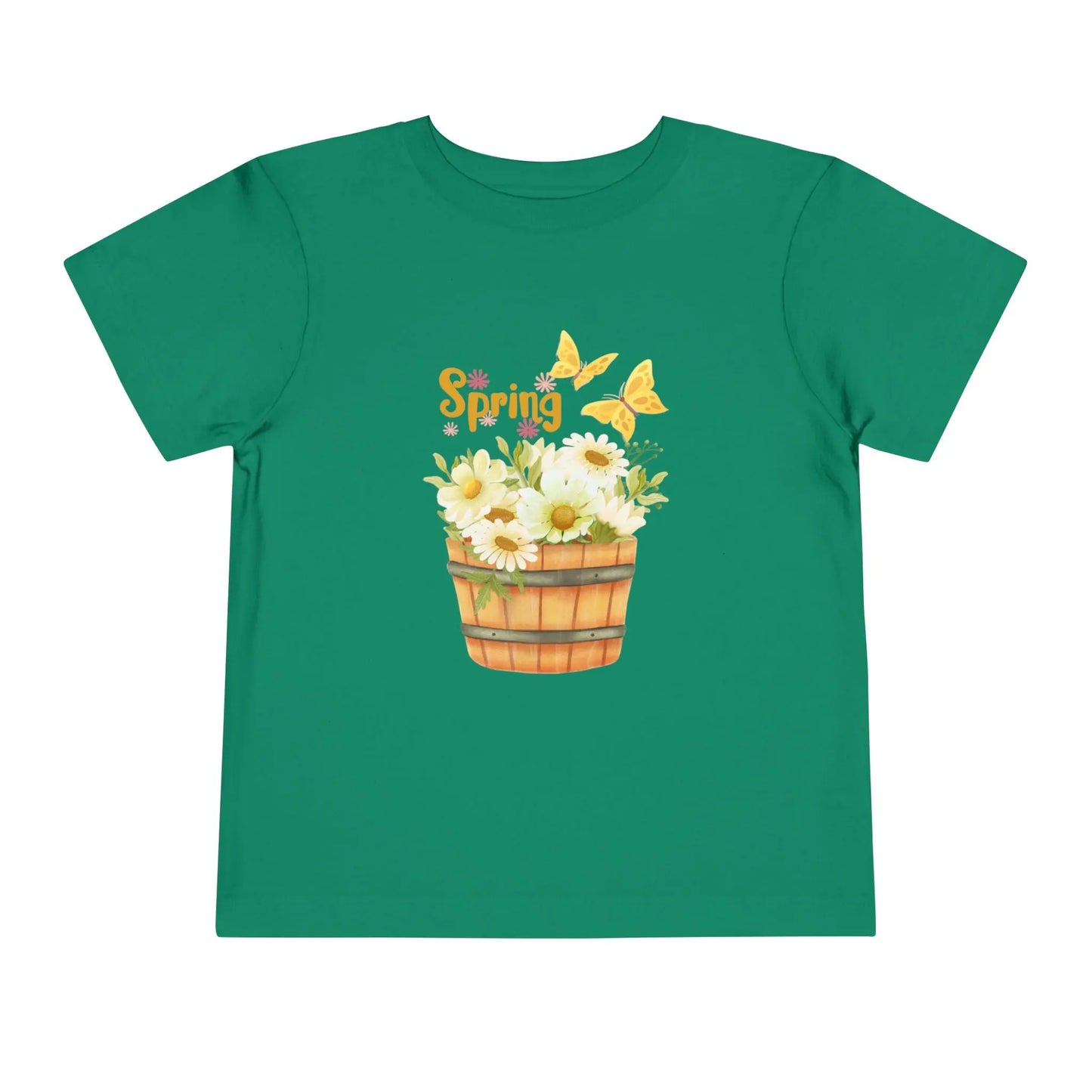 Soft cotton toddler tee with watercolor daisy basket, butterflies, and Hello Spring script. Perfect for spring playtime and garden adventures. Sizes 2T-5T. Kelly Green
